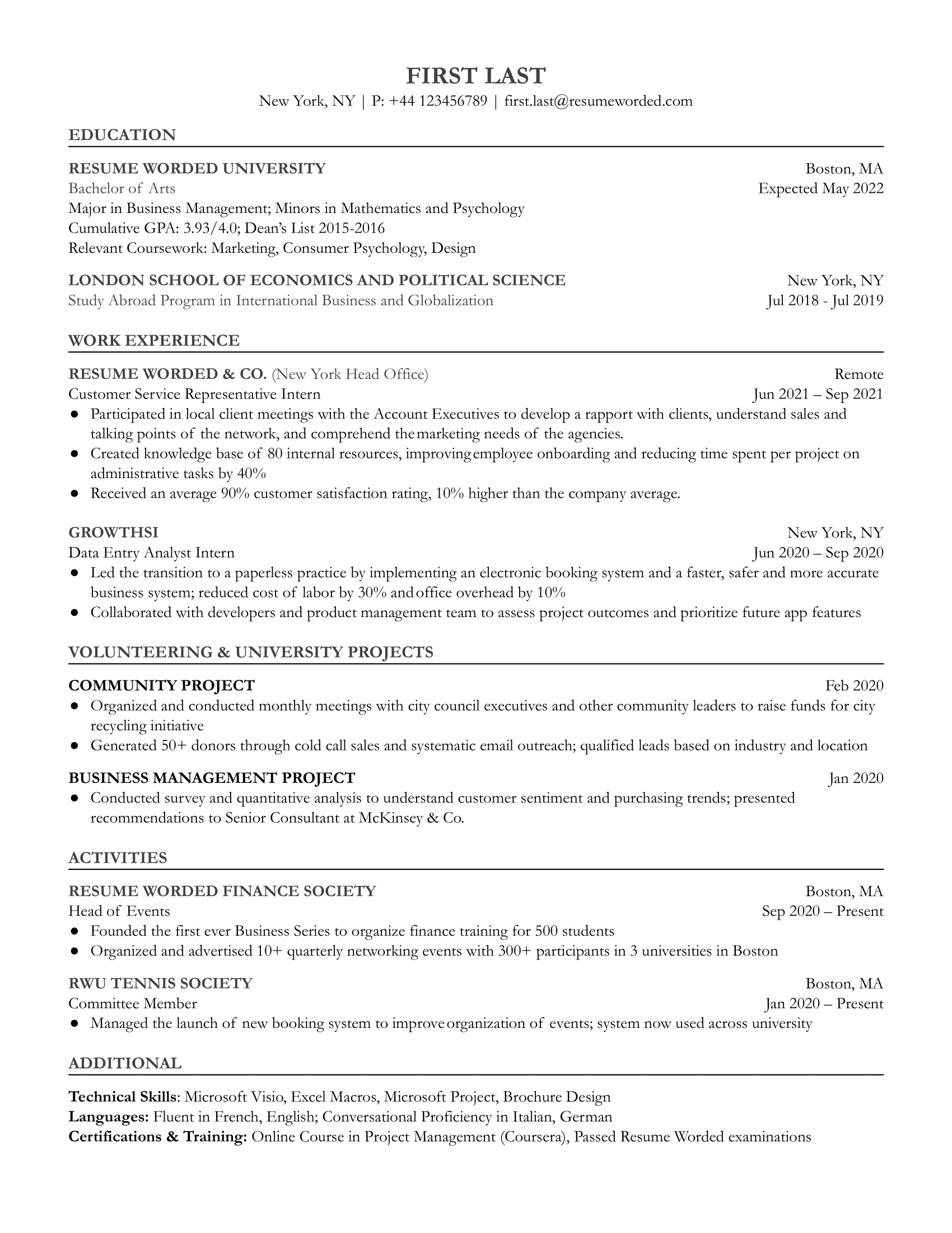 An exemplary resume for an Entry Level Customer Service Representative role.