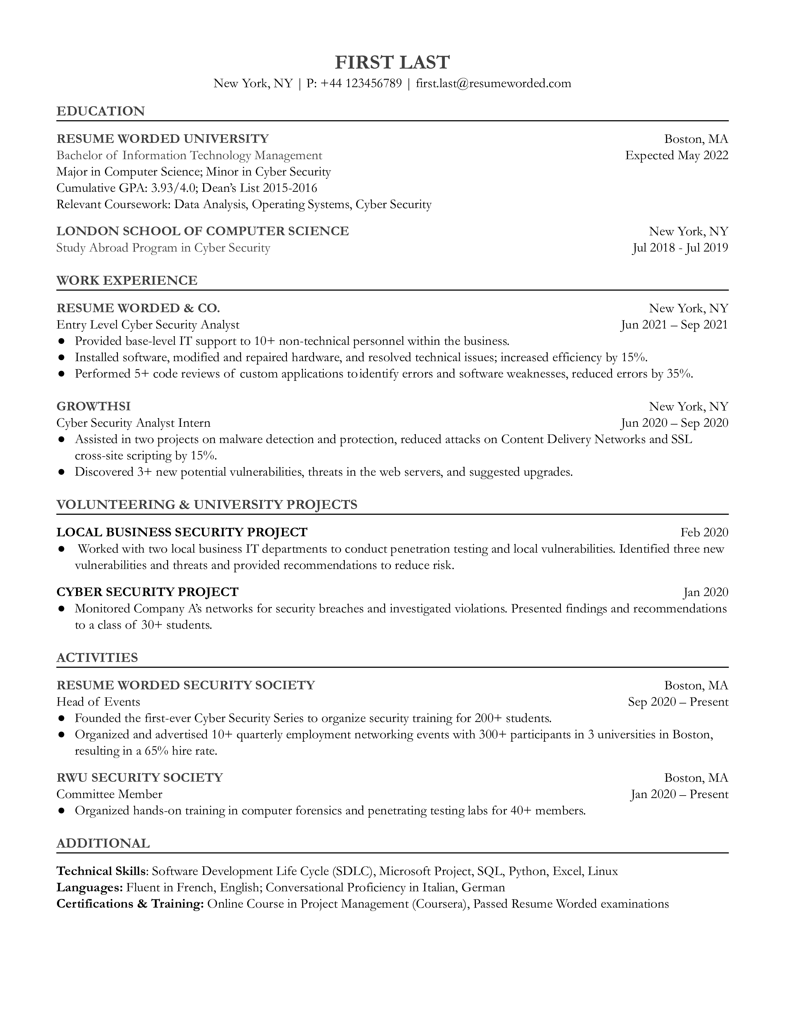 Entry level cyber security analyst resume which prioritizes education and is tailored to security roles