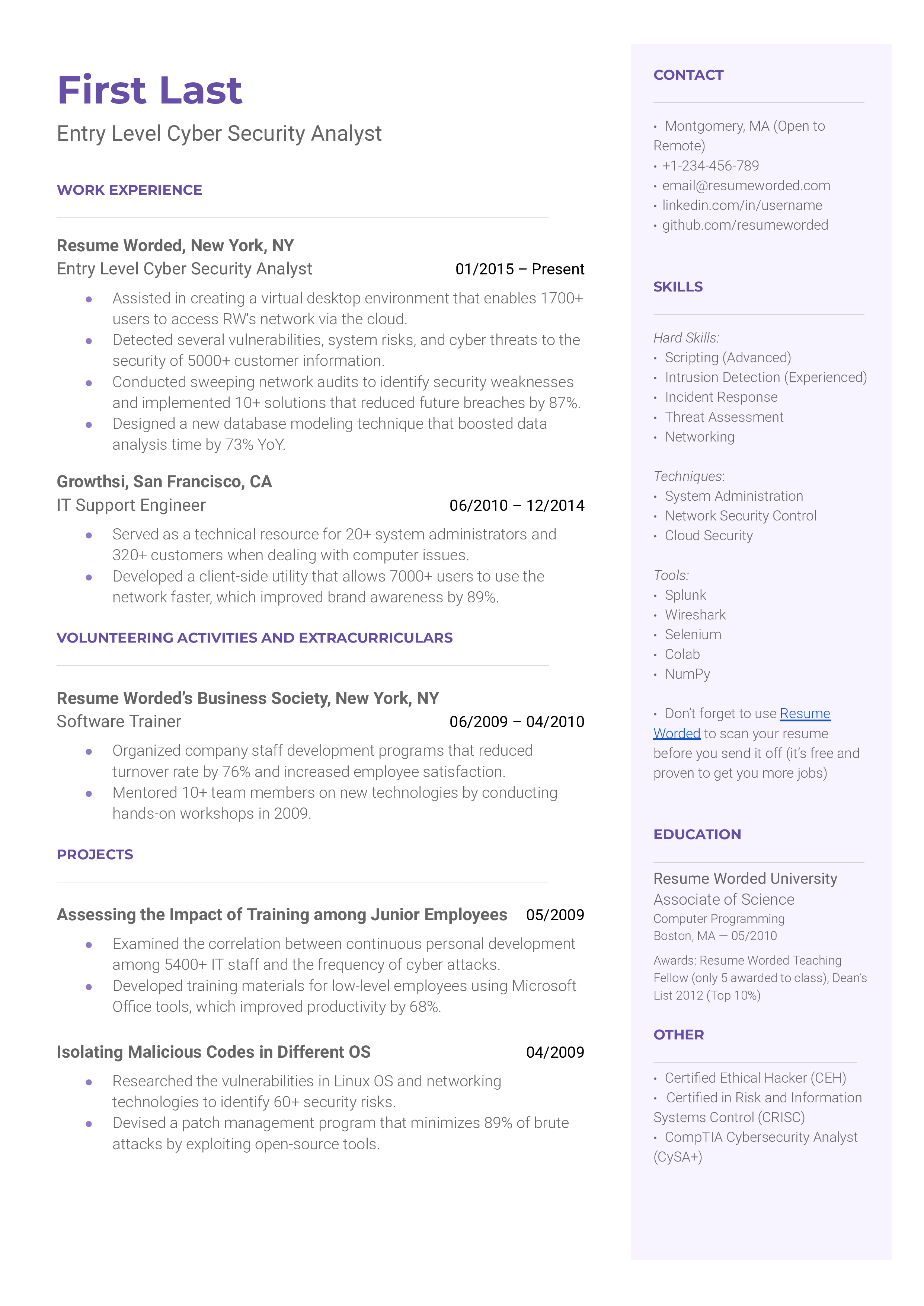 Entry-level cybersecurity analyst resume example