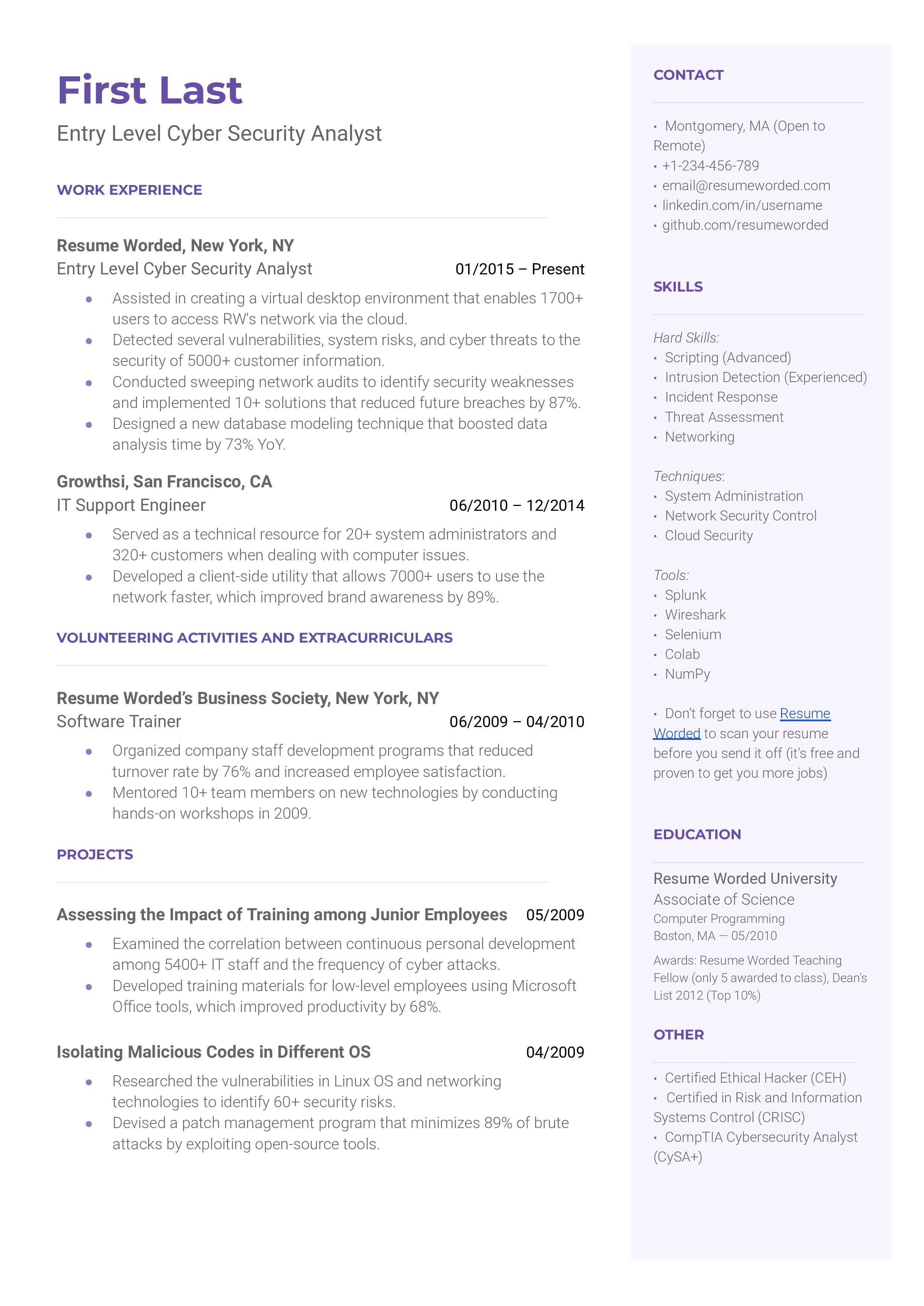 Entry Level Cyber Security Analyst Resume Example for 2023 | Resume Worded