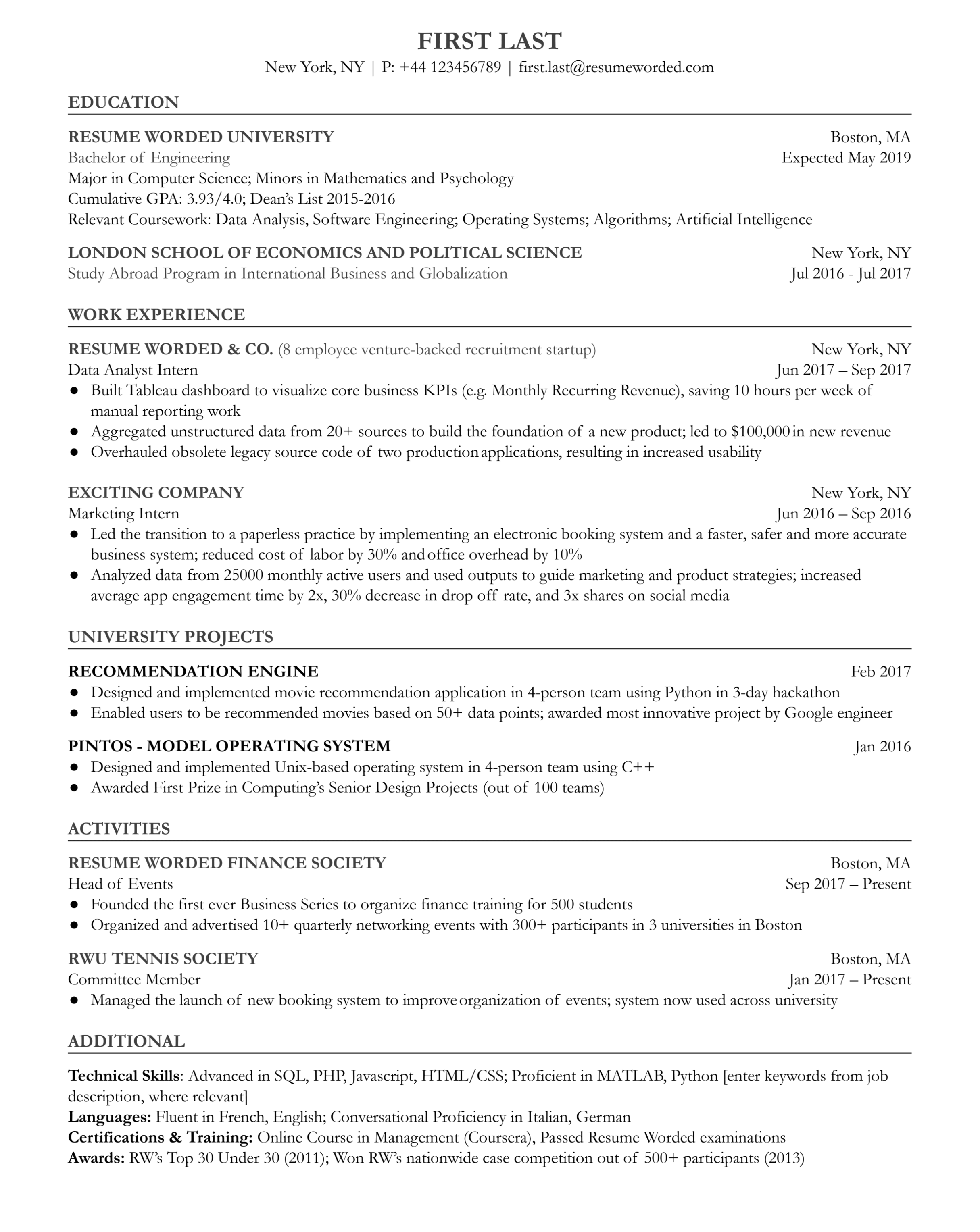 Entry-level data analyst resume showcasing technical skills and relevant coursework