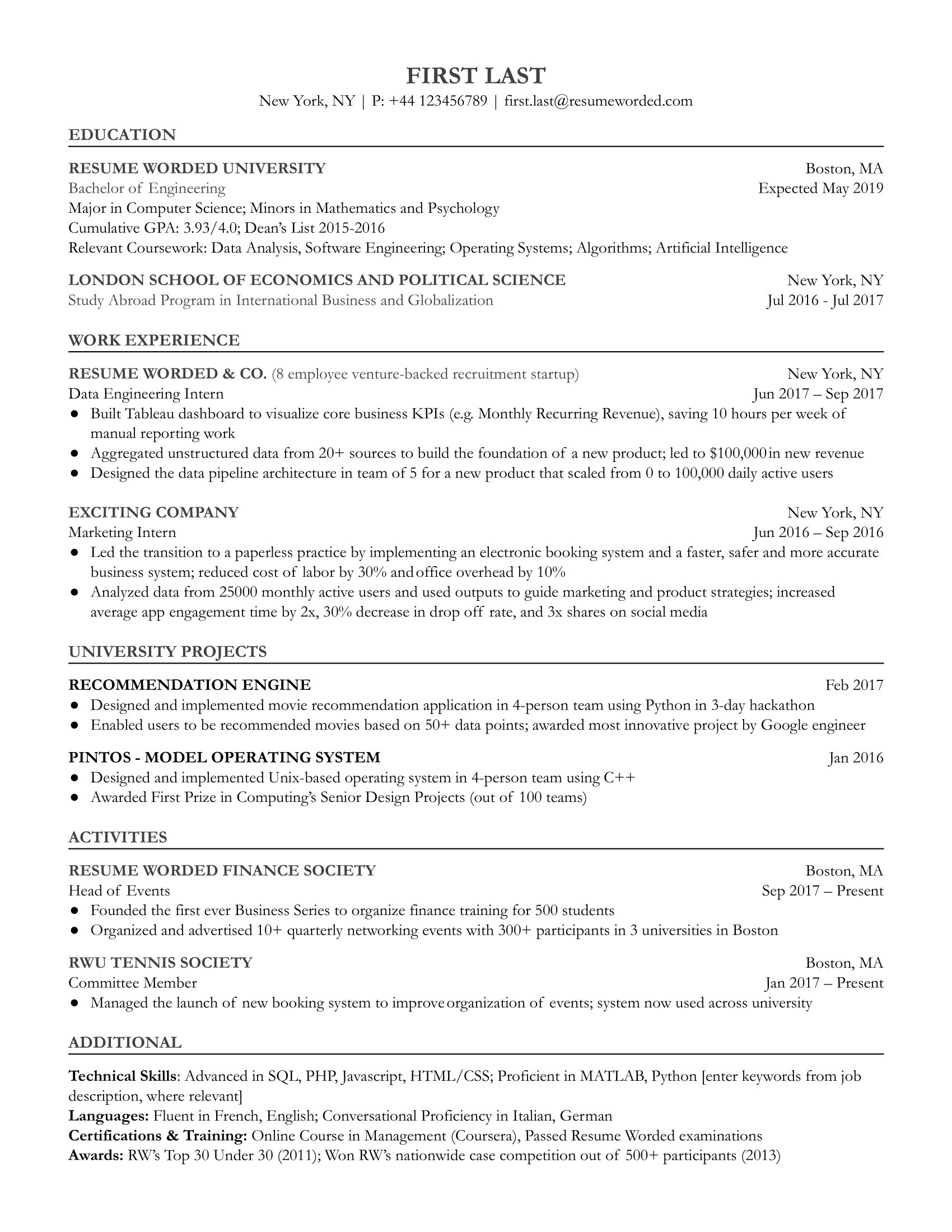 Entry Level Data Engineer Resume Template + Example