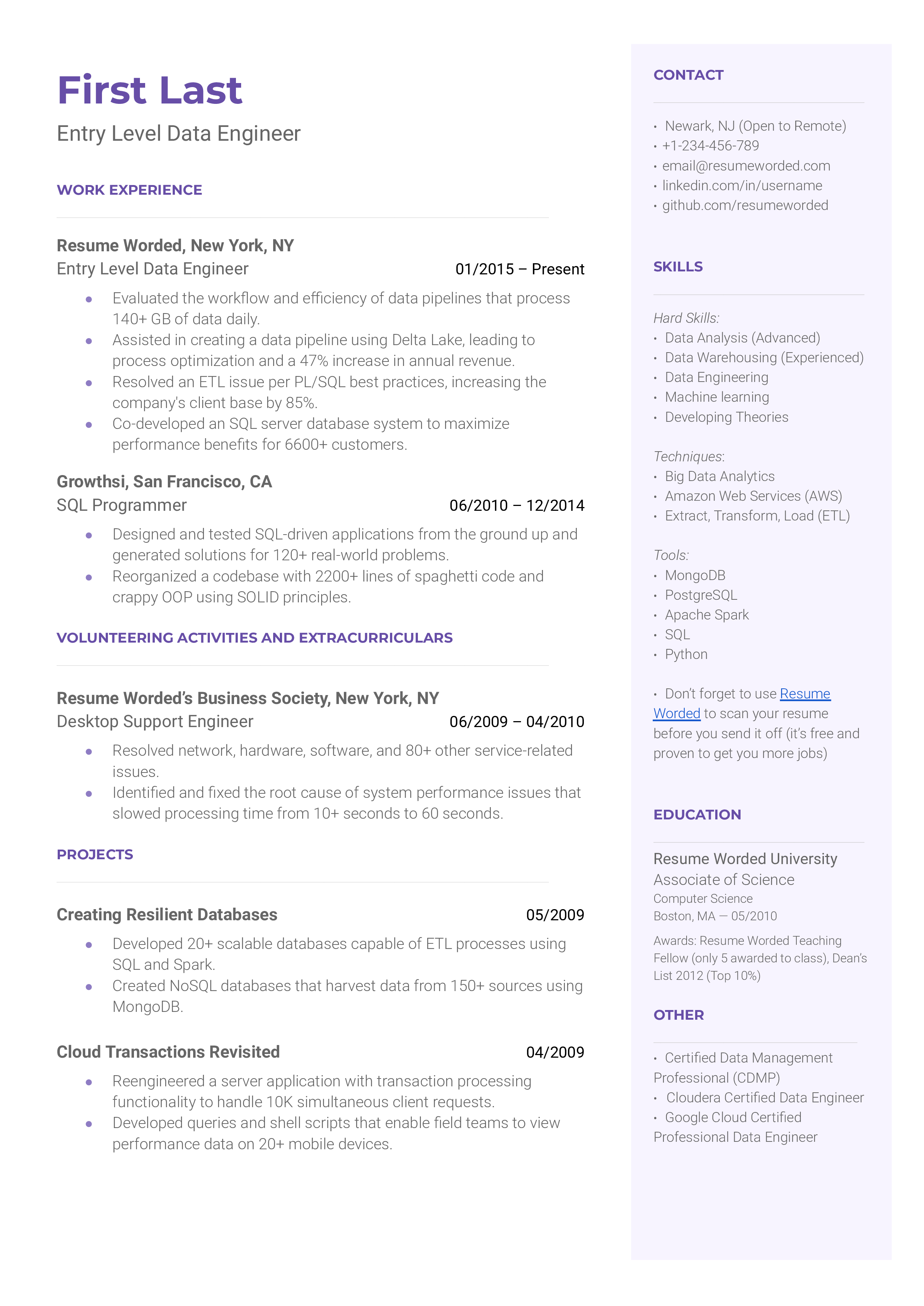 15 Data Engineer CV Examples for 2025 | Resume Worded