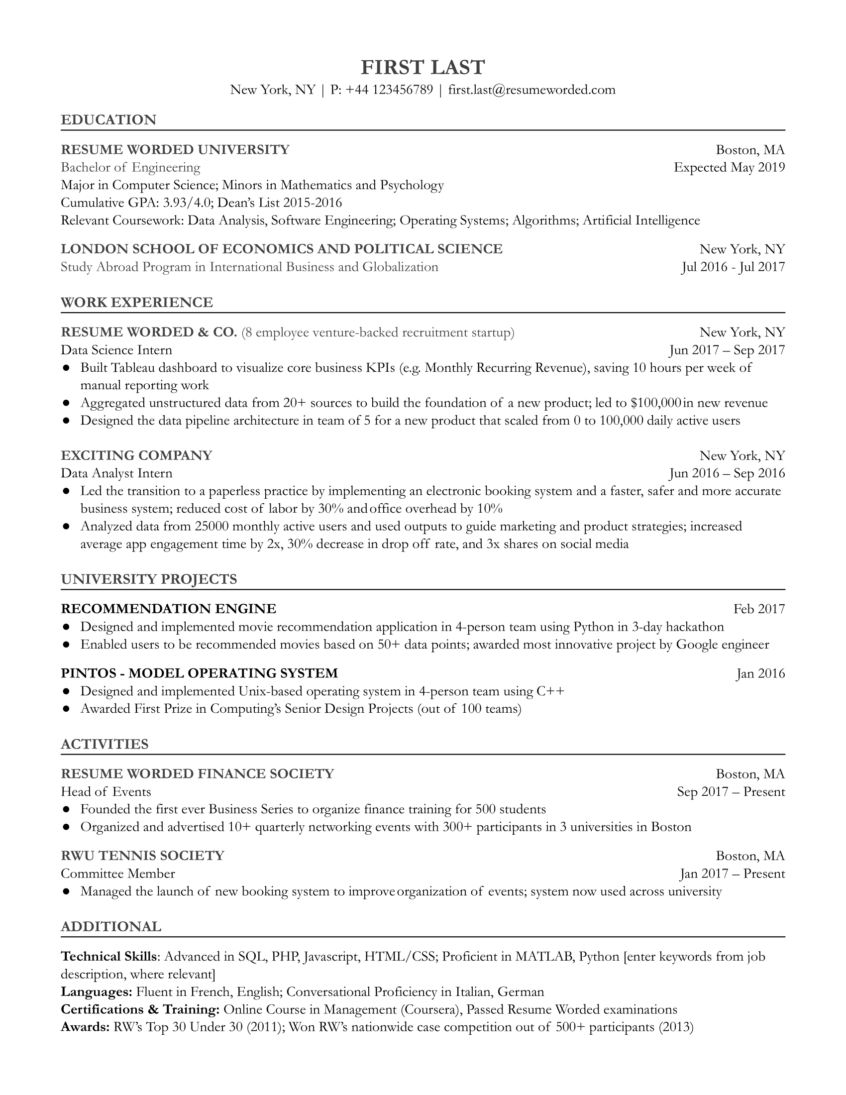 Entry level data science resume: When you don’t have much on the field experience, use the skills and projects you’ve done that are related to data science to communicate how effective you can be for the role.