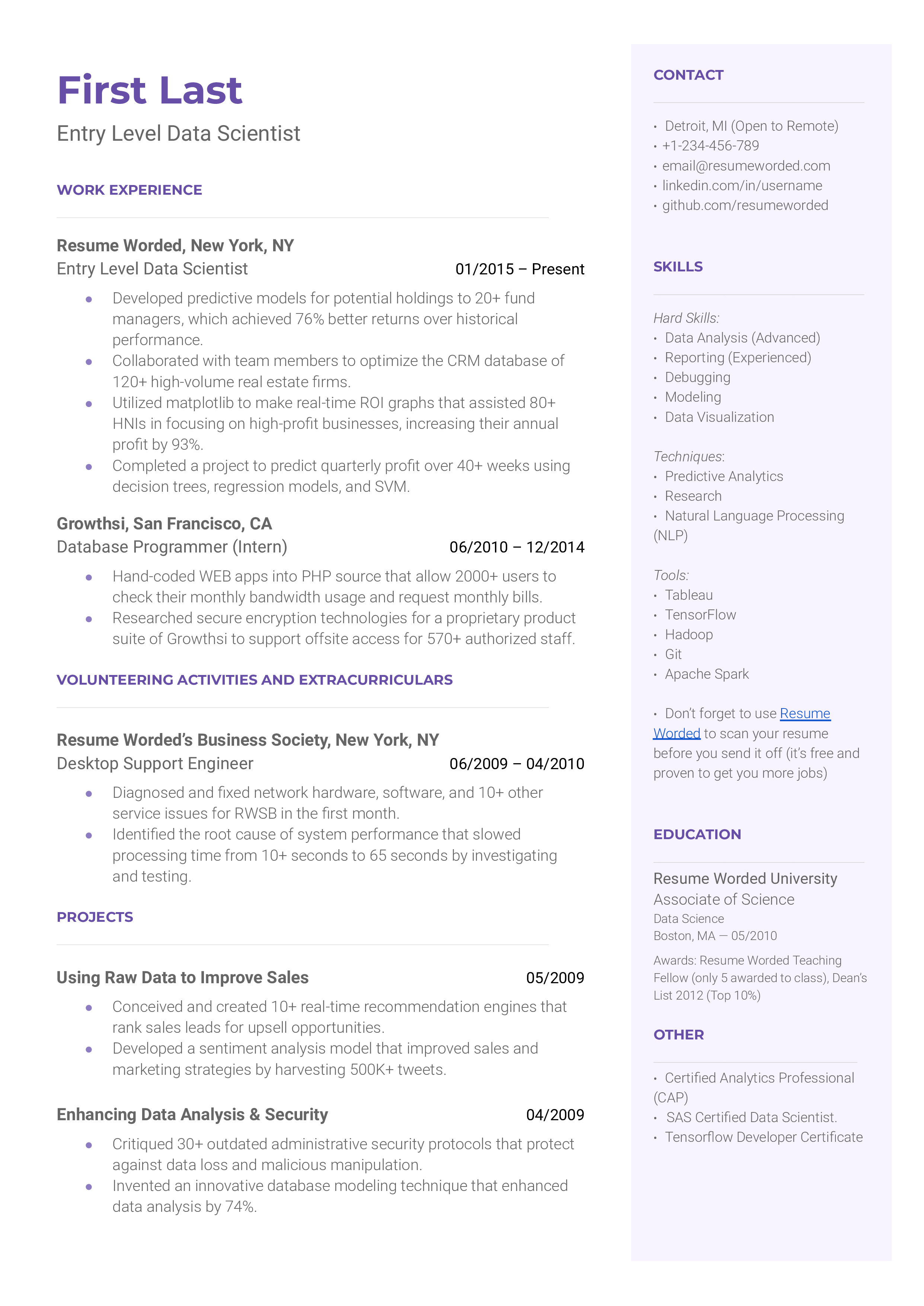 Alt text: A CV screenshot illustrating the application for an entry-level data scientist role.