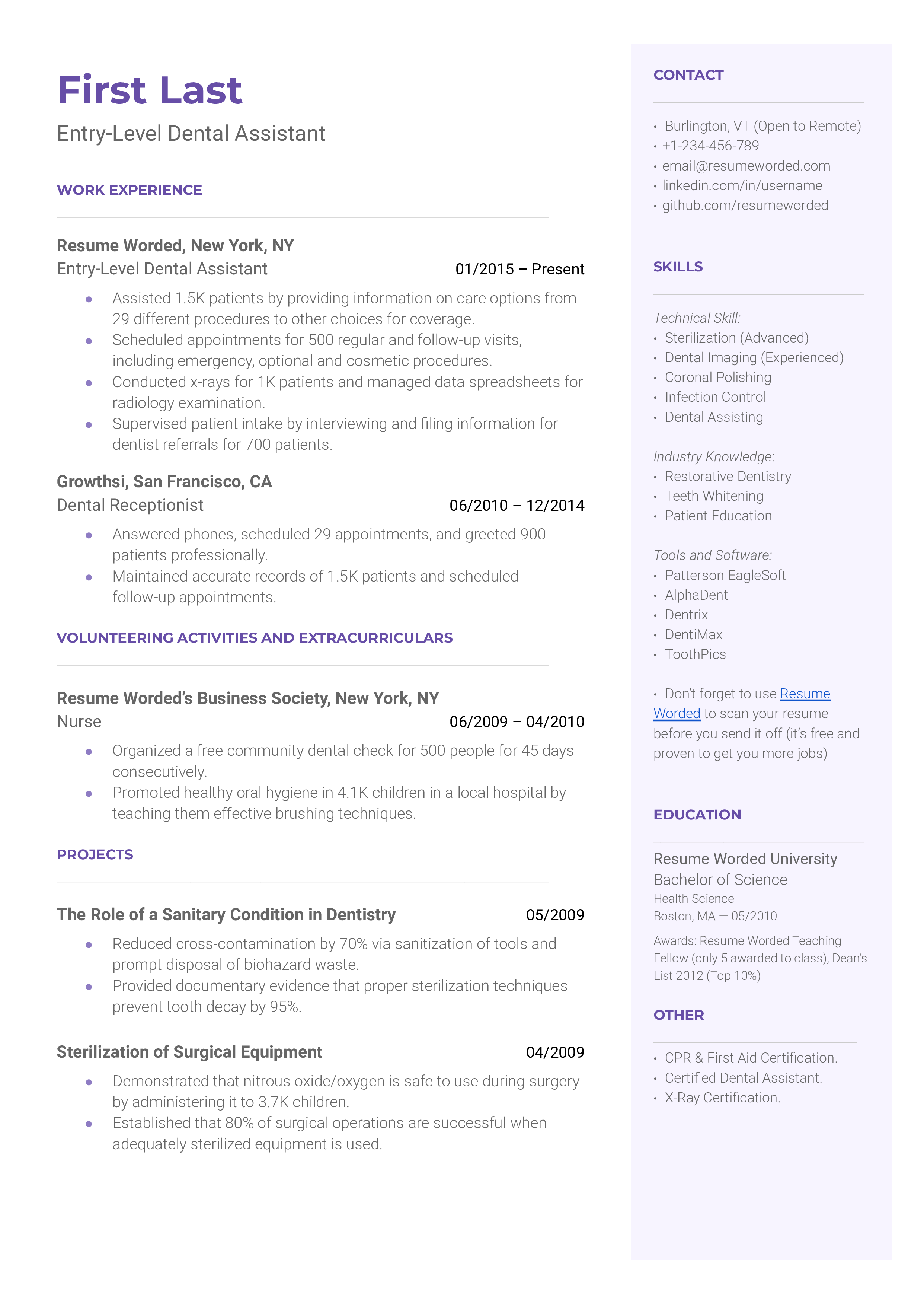 CV of a new dental assistant showcasing certifications and software proficiency.