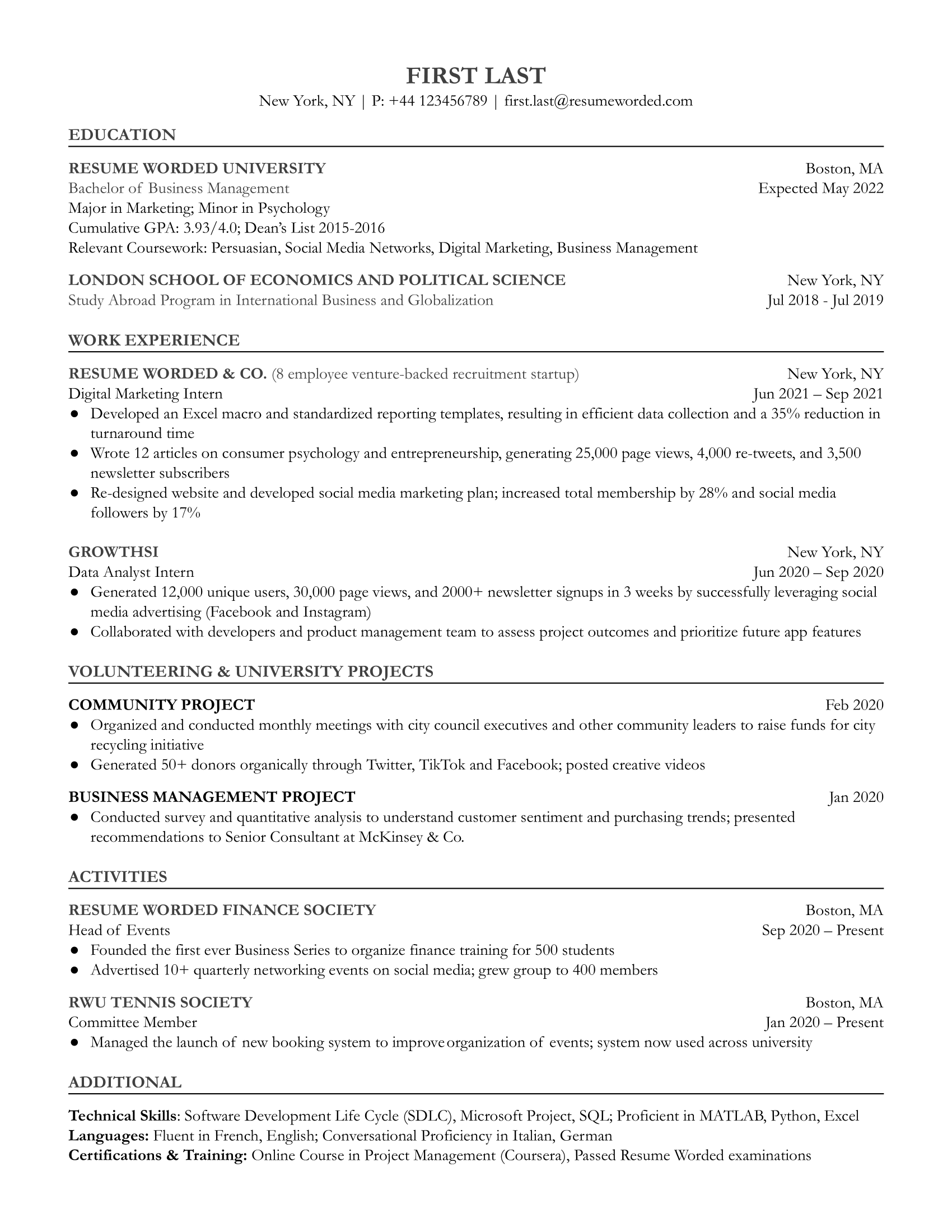 An entry level digital marketing resume template with relevant education, coursework, internships, university projects, extracurricular activities, skills, and certifications.