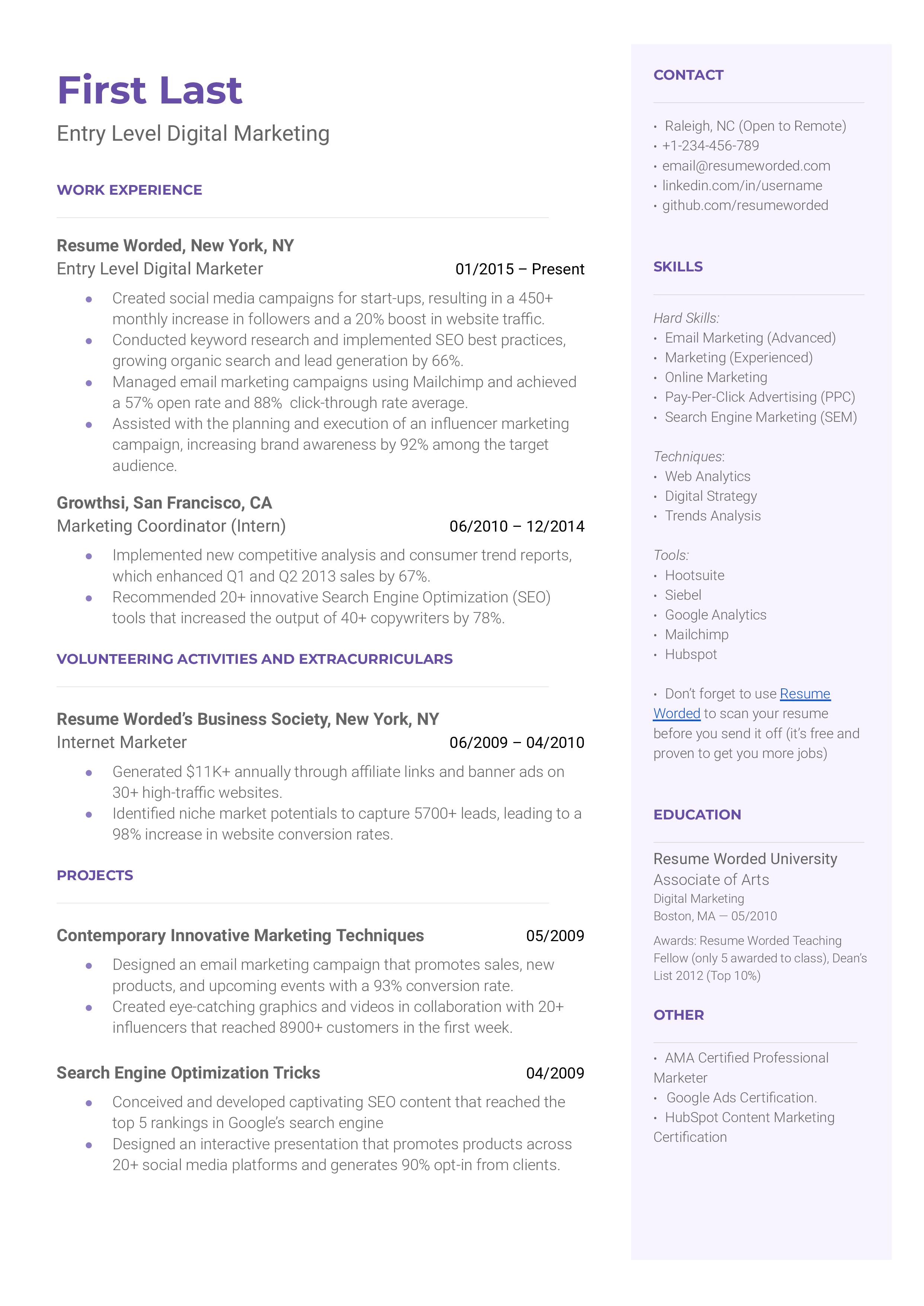 Entry Level Digital Marketing Resume Example For 2023 Resume Worded