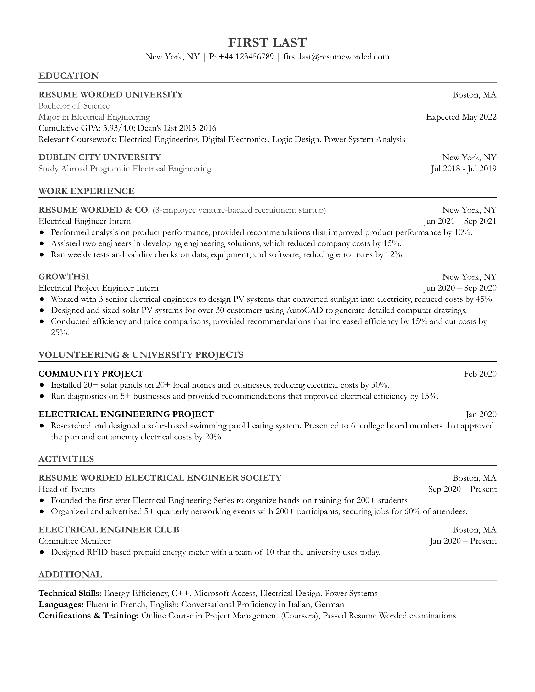 A well-structured resume for an entry level electrical engineer highlighting technical and teamwork skills.