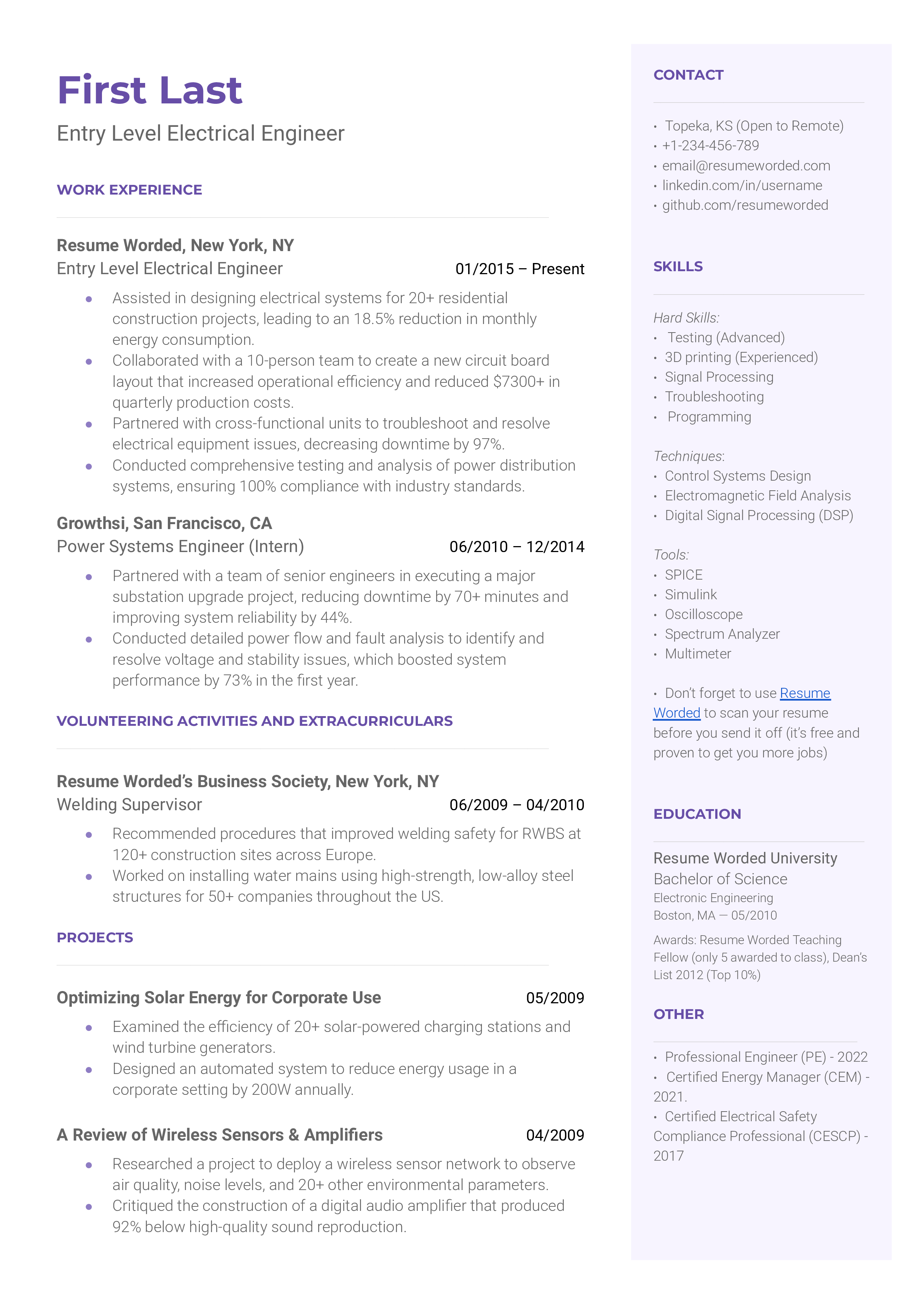 An organized, well-structured CV for an Entry Level Electrical Engineer.