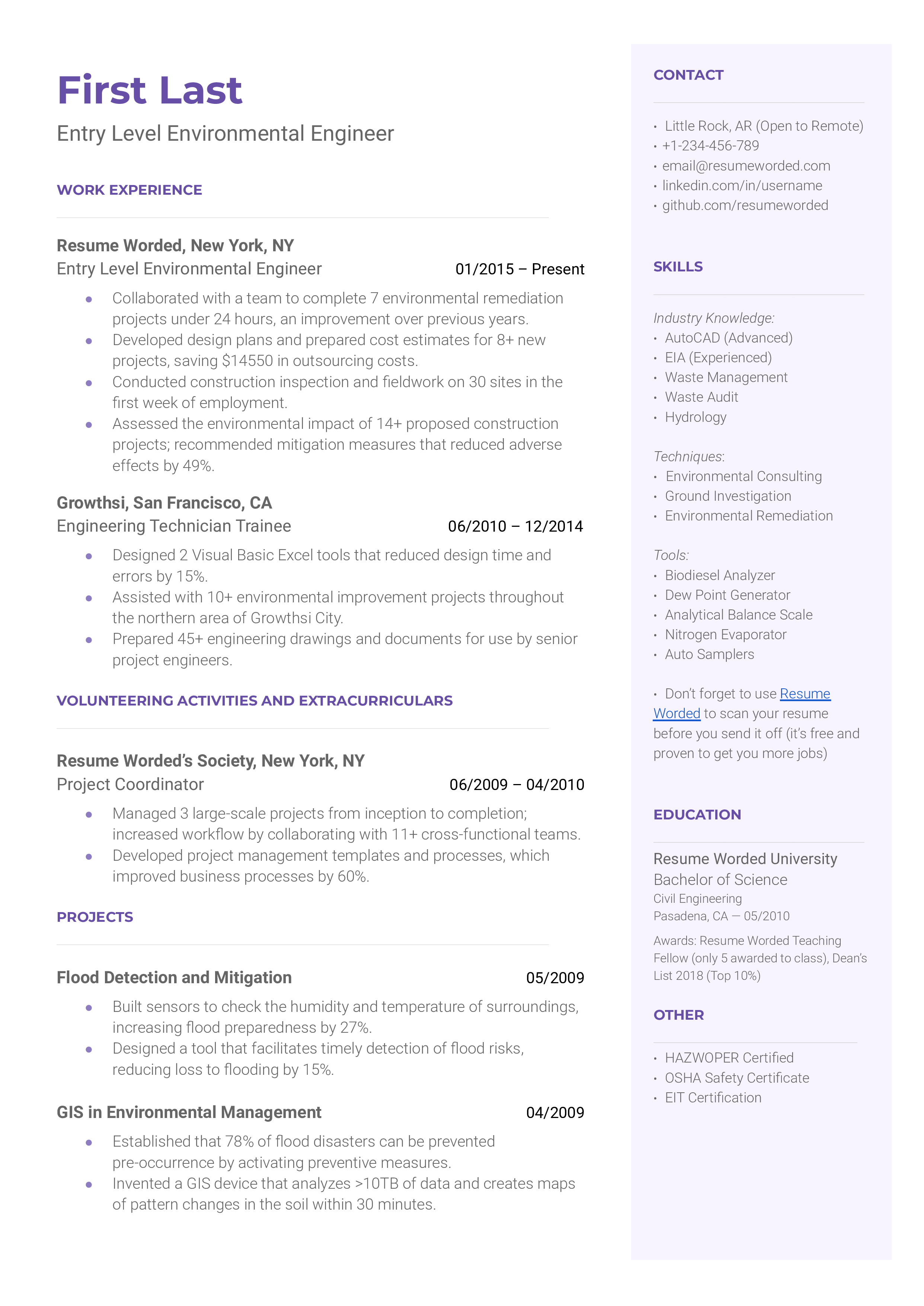 An entry-level environmental engineer resume template including volunteering experience.