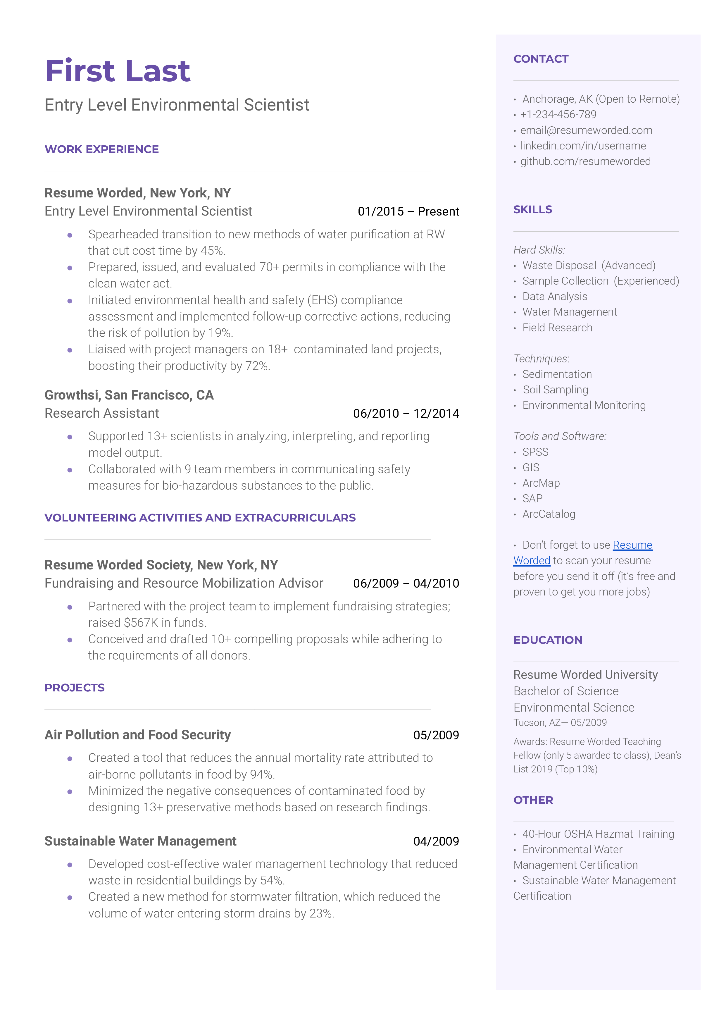 Screenshot of an entry-level environmental scientist CV showing key sections like coursework and data analysis skills.