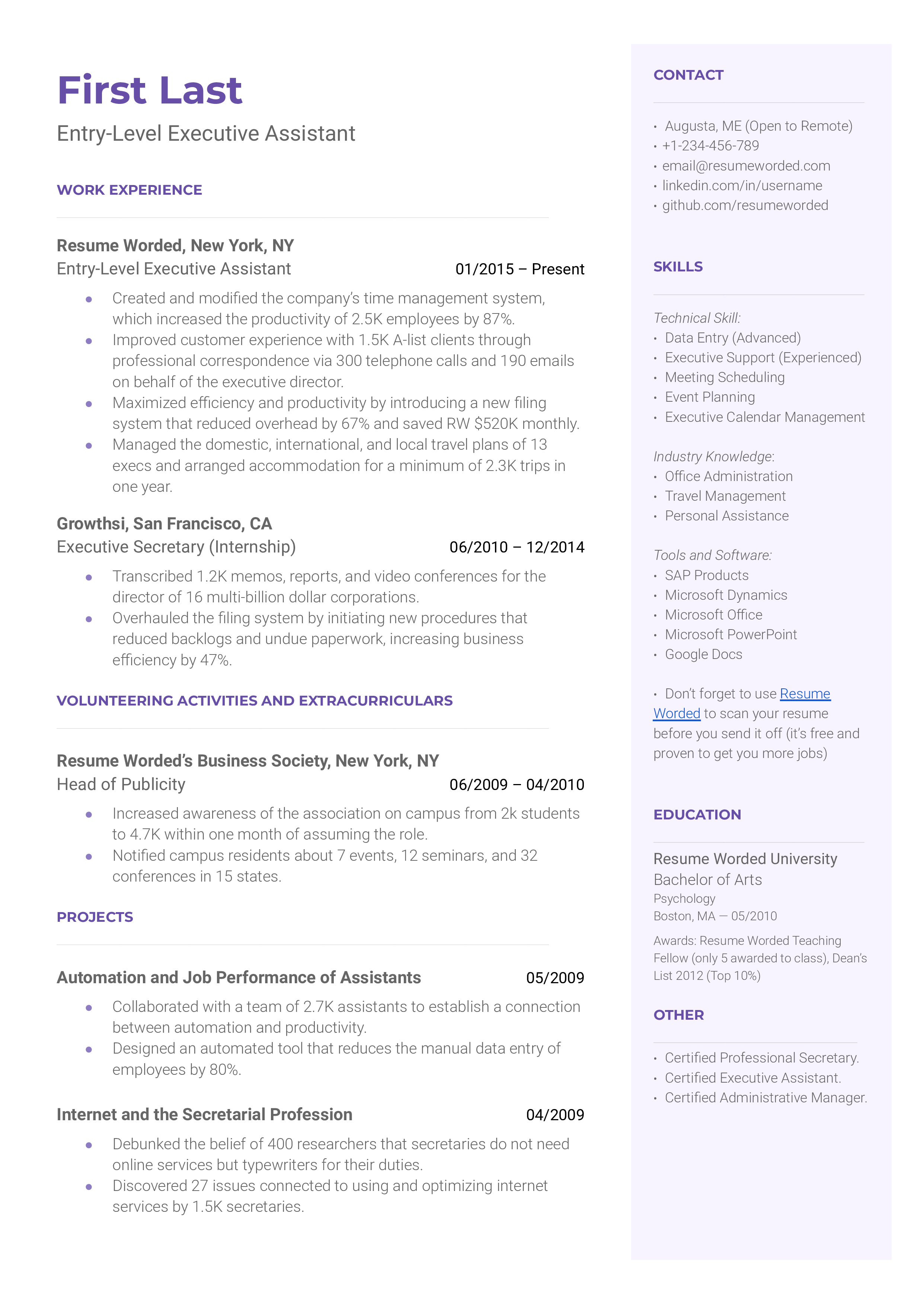 Entry-Level Executive Assistant Resume Sample