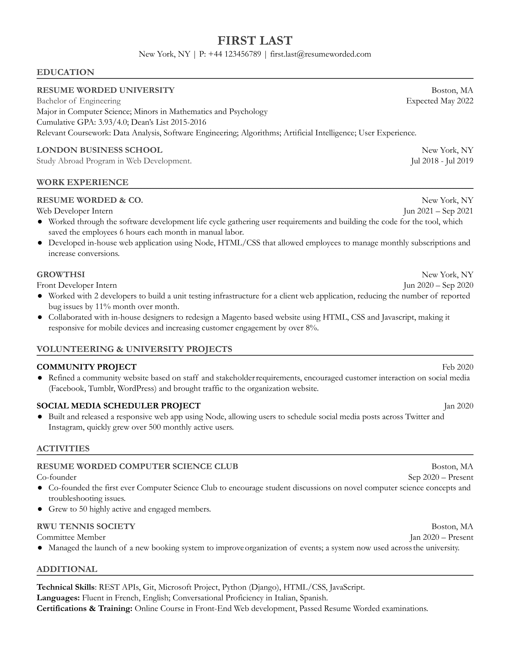 Entry Level Front End Developer Resume Sample