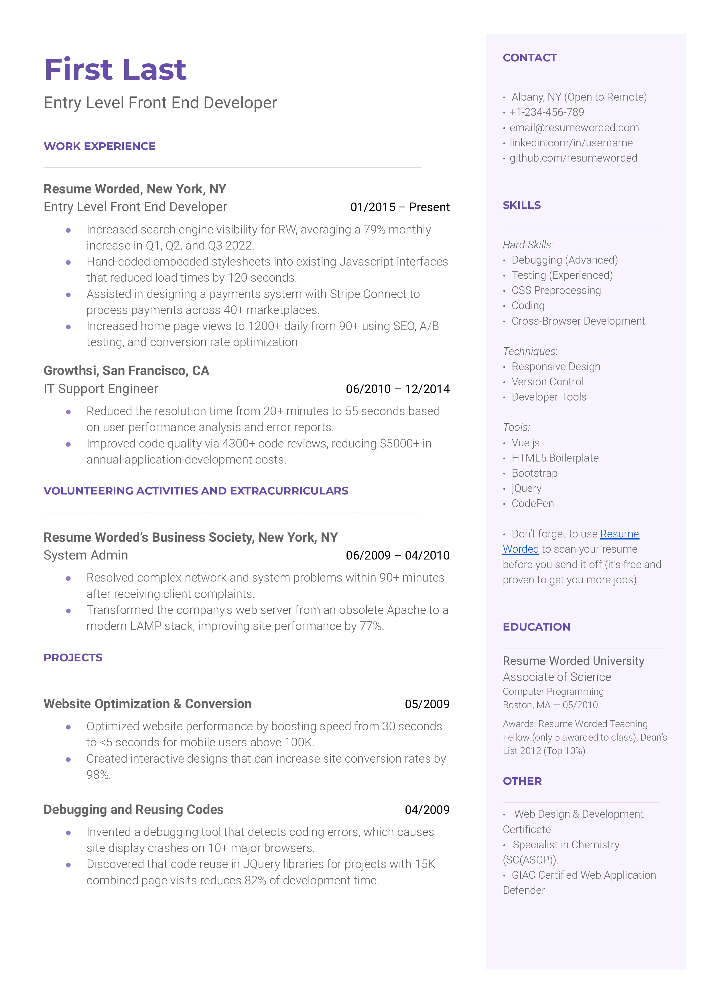 An engaging CV layout for entry-level front-end developer role.