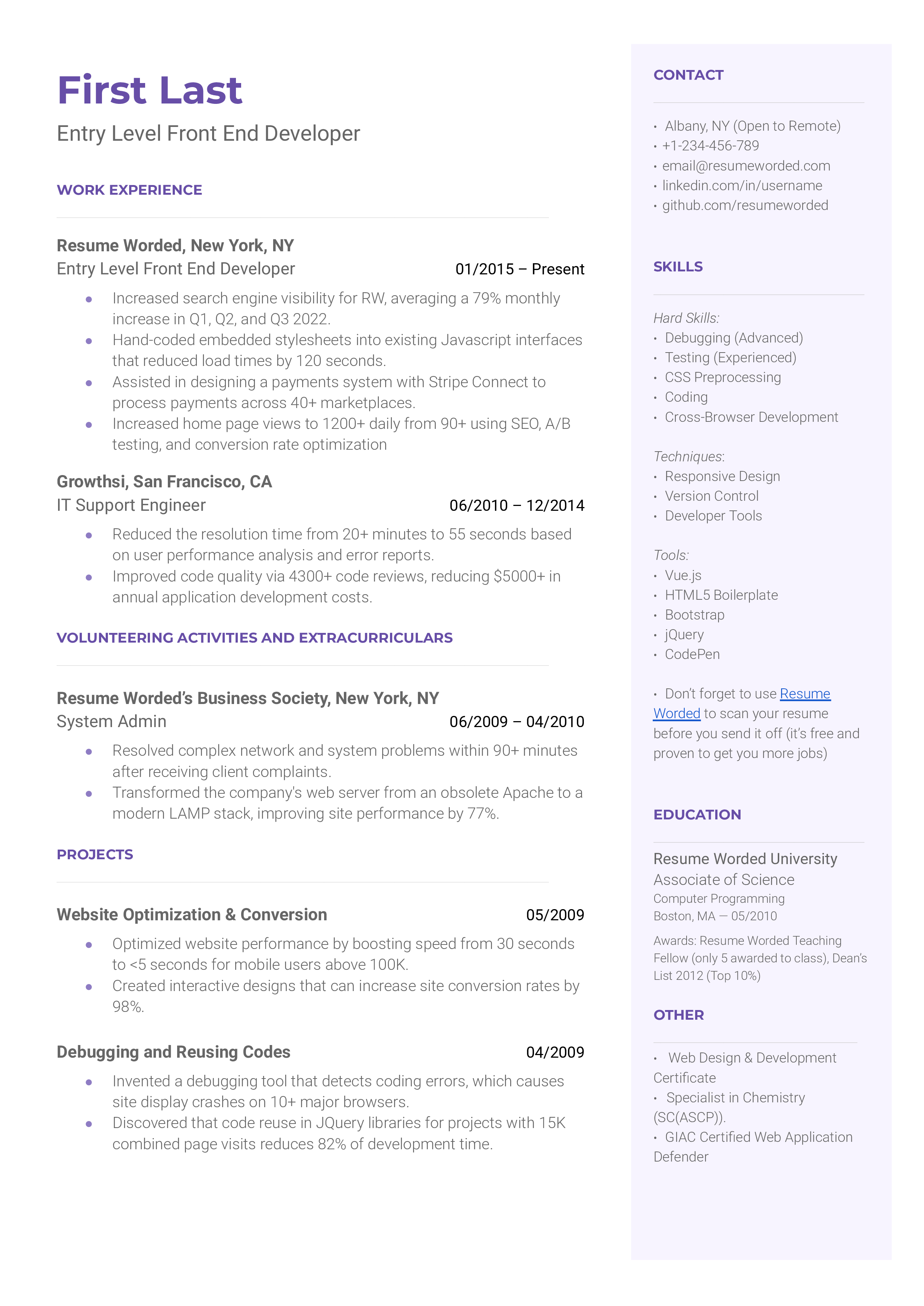 Entry Level Front End Developer Resume Examples for 2024