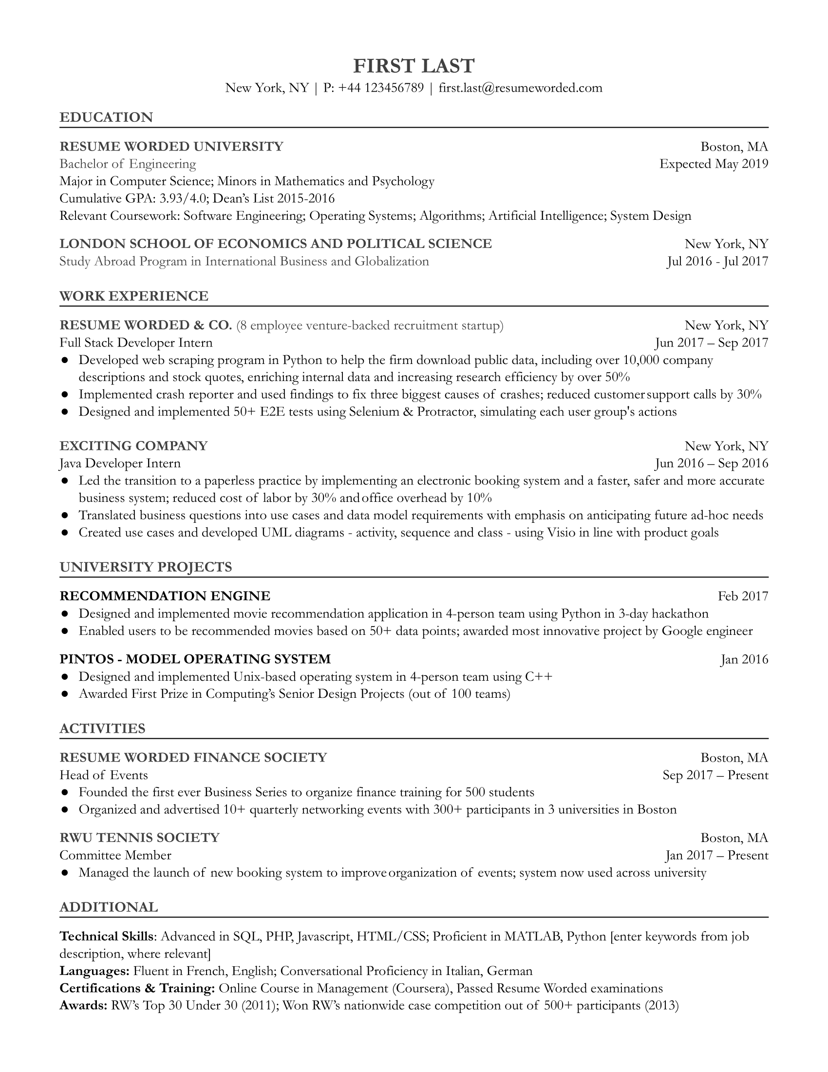 An entry level full stack developer resume that primarily focuses on education, internship experience, supplemented by university projects and skills.