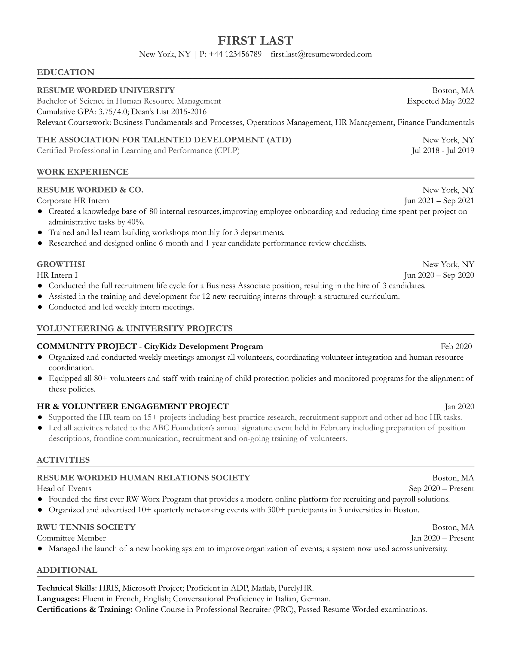 Entry Level Human Resources (HR) Resume Sample