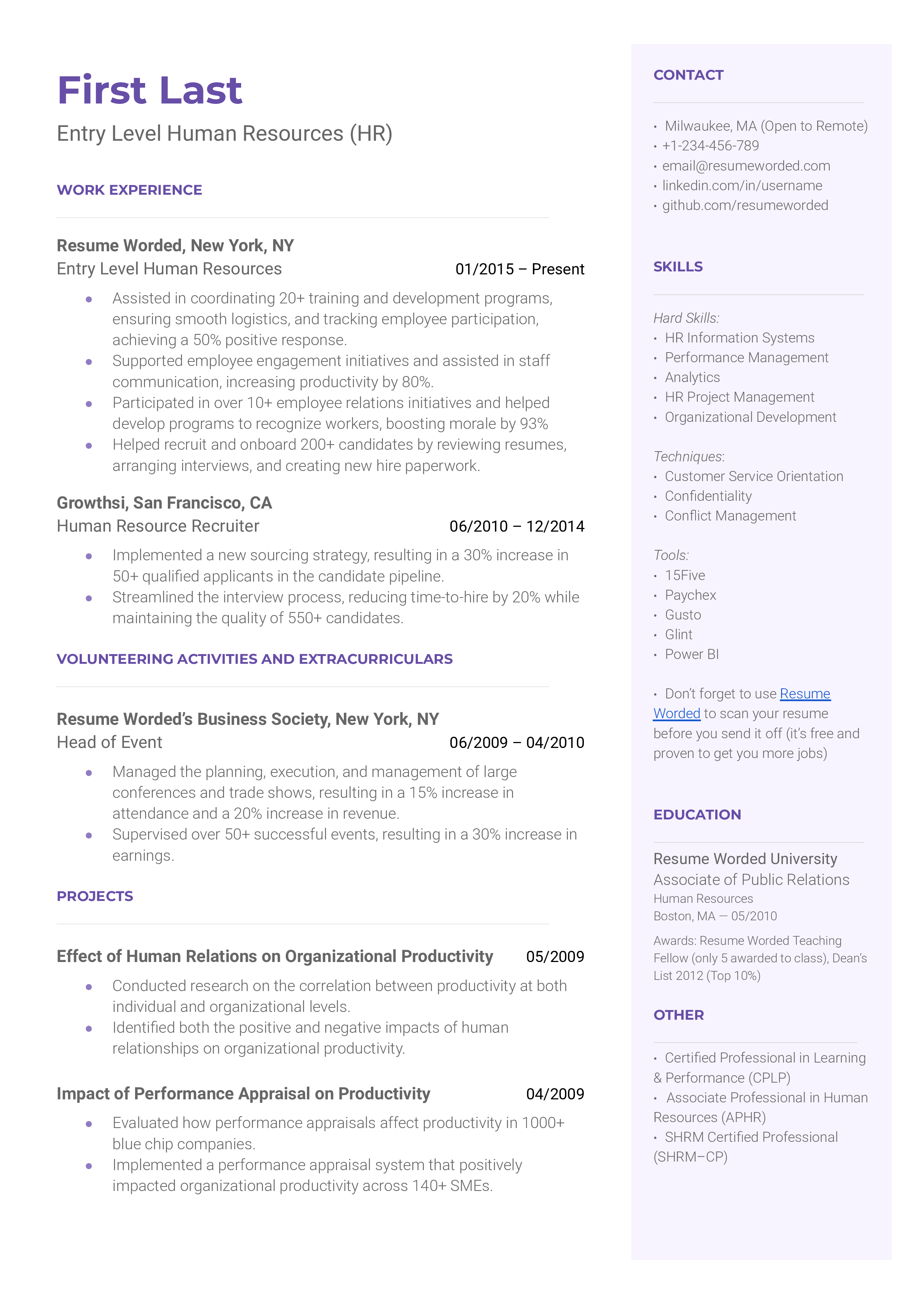 A professional CV of an entry-level HR applicant showcasing soft skills and tech familiarity.