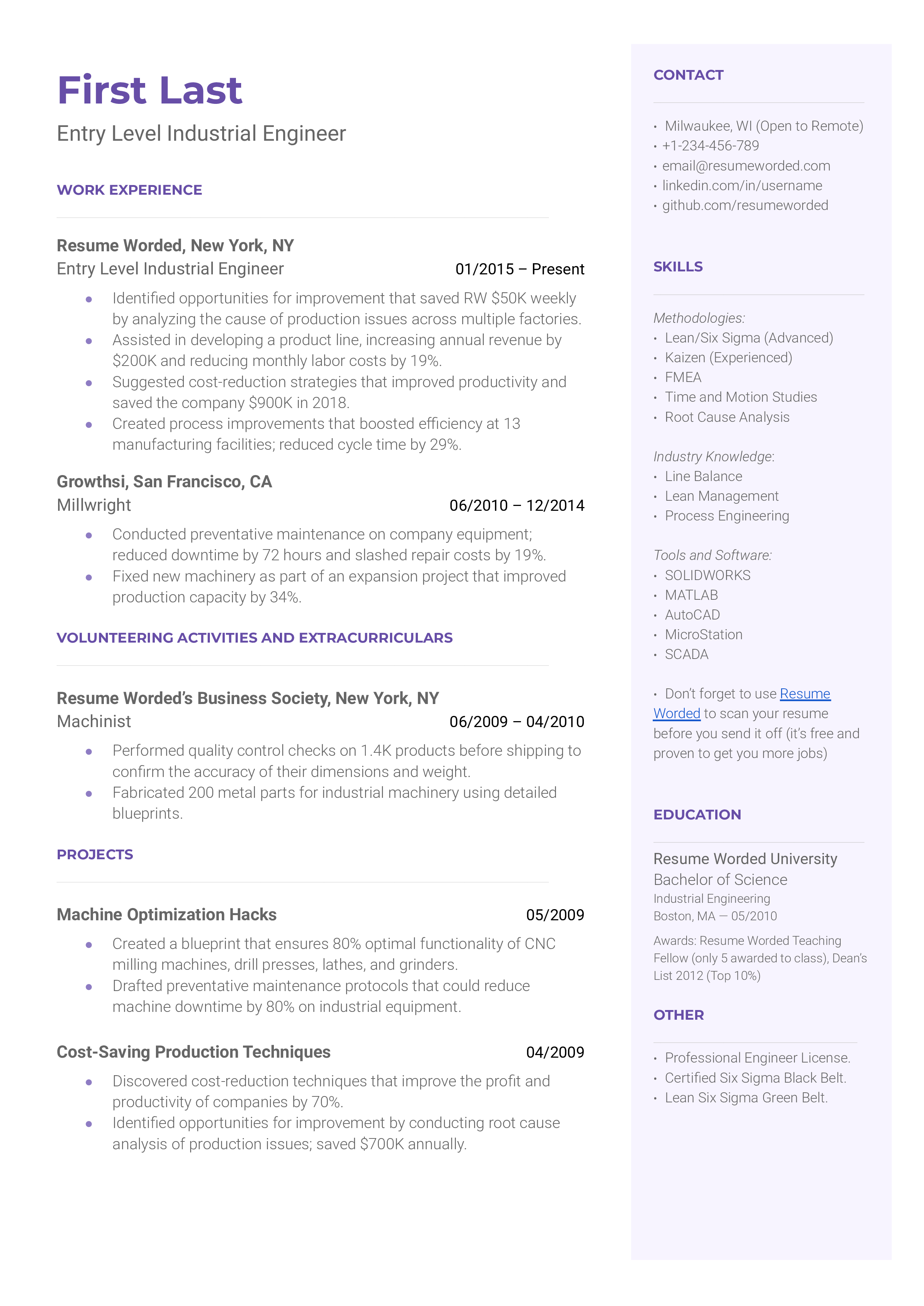 Smartly structured CV showcasing problem-solving skills and technical proficiency for an entry-level industrial engineer.