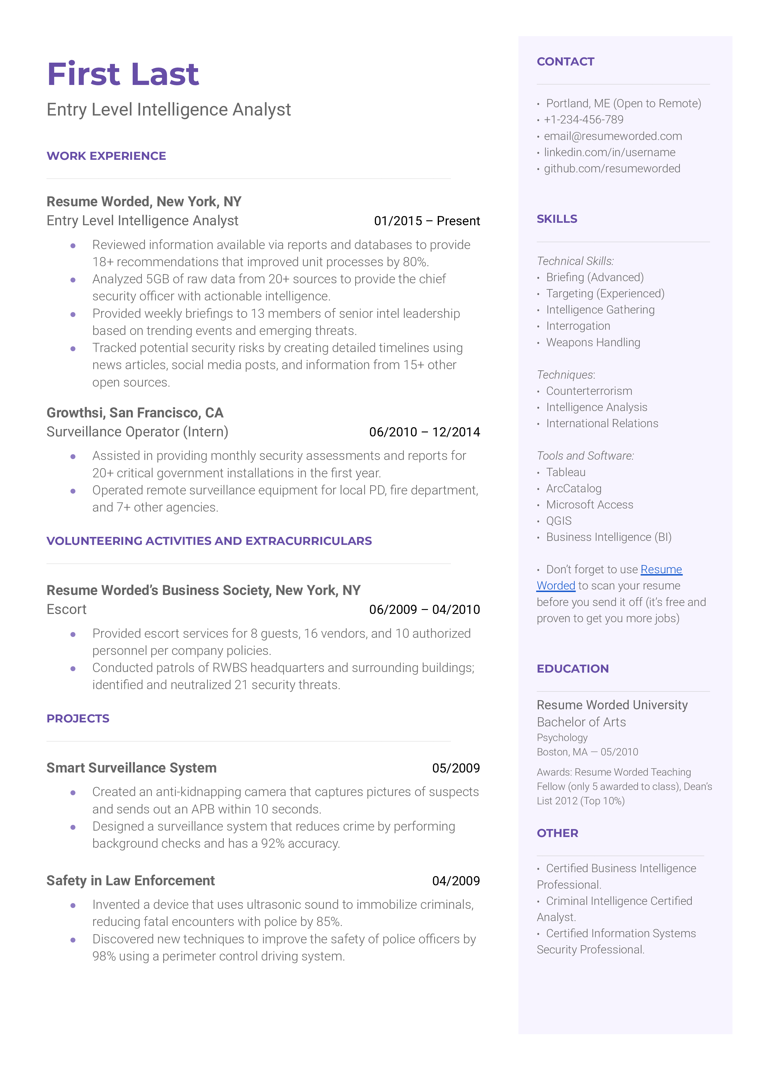 An entry-level intelligence analyst resume template that includes volunteering experience.