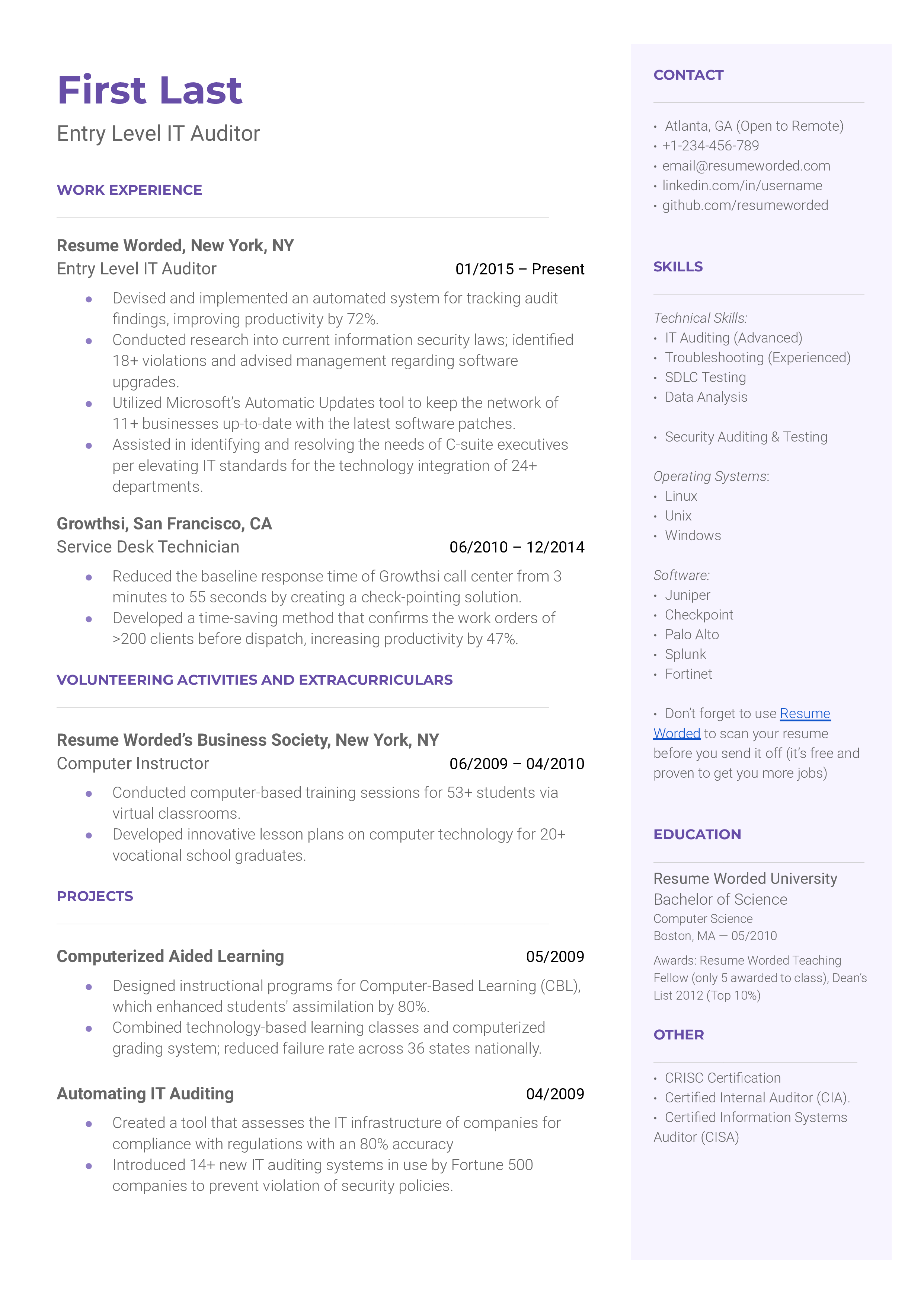 An entry-level IT auditor resume template, including extracurricular activities