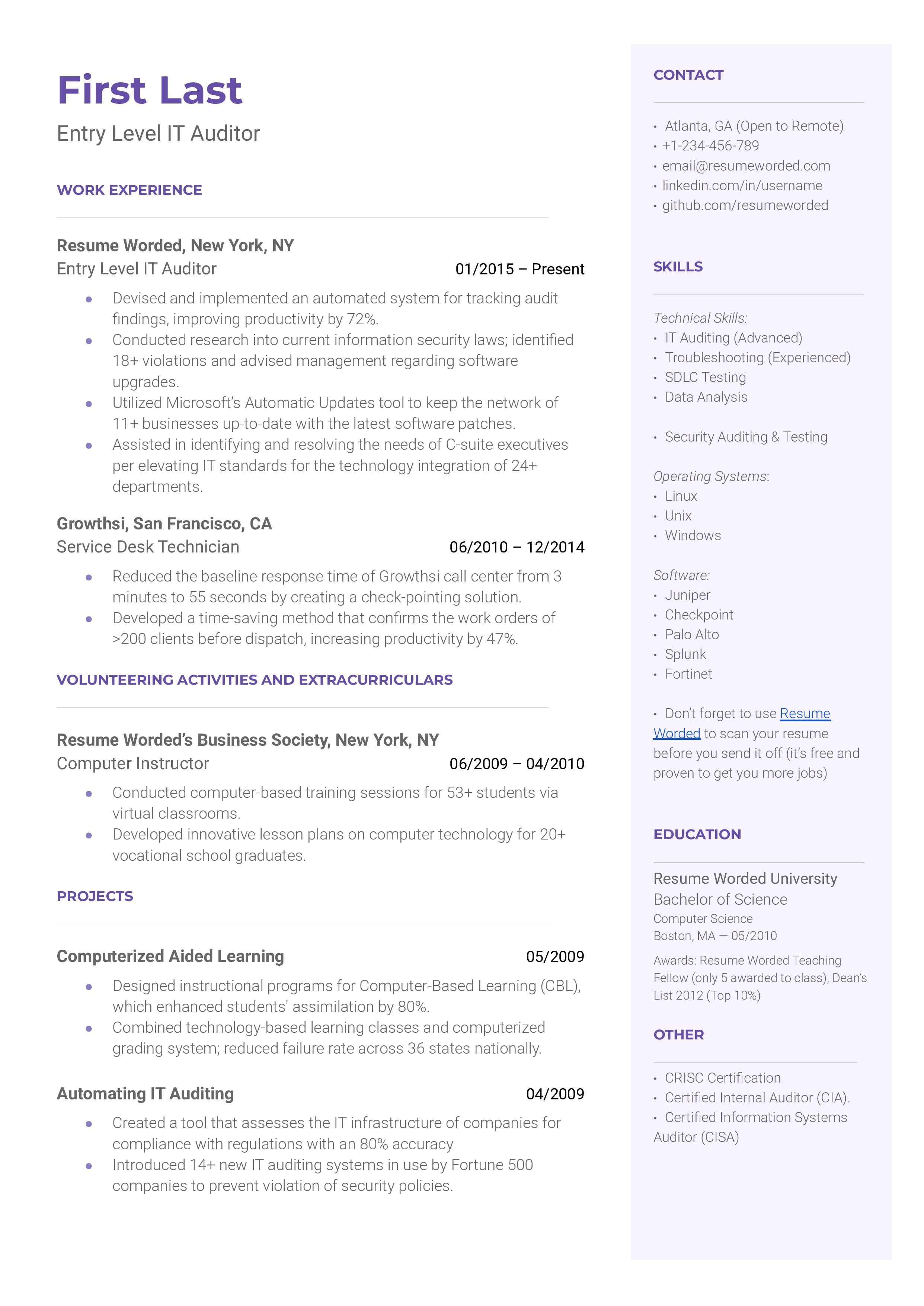 CV screenshot of an Entry Level IT Auditor highlighting relevant certifications and problem-solving skills.