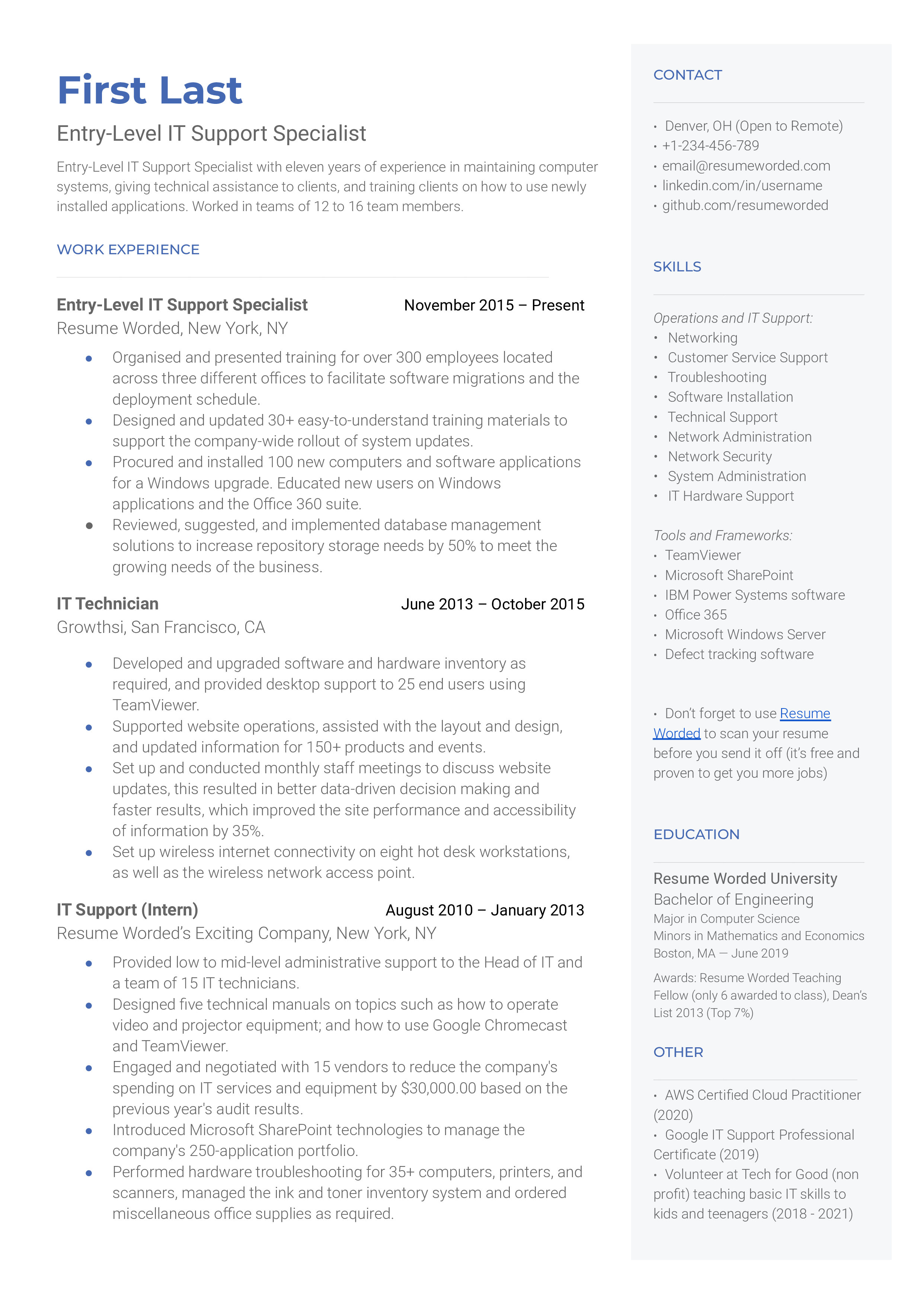 An entry level IT support specialist resume sample that highlights the applicant's certifications and quantifiable value addition.