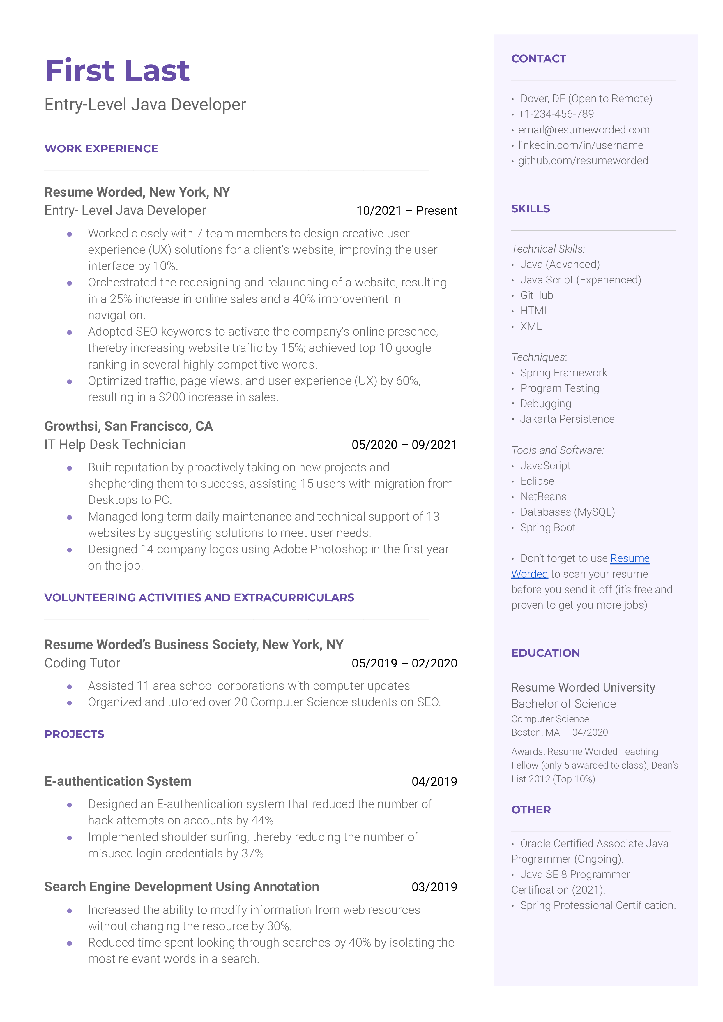 An entry-level Java developer resume sample that highlights the applicant’s developer qualifications and educational background.