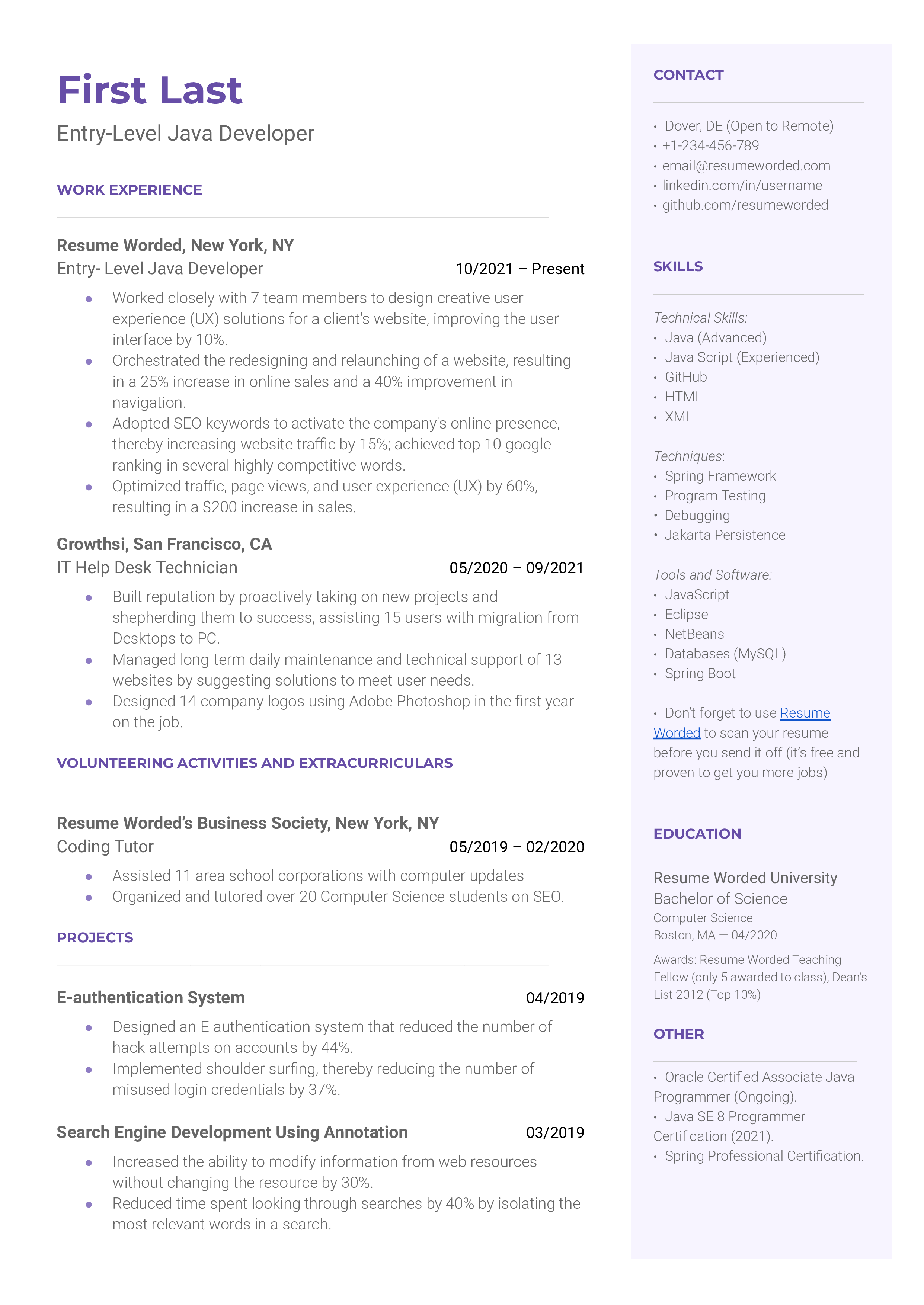 Entry-Level Java Developer Resume Examples for 2024 | Resume Worded