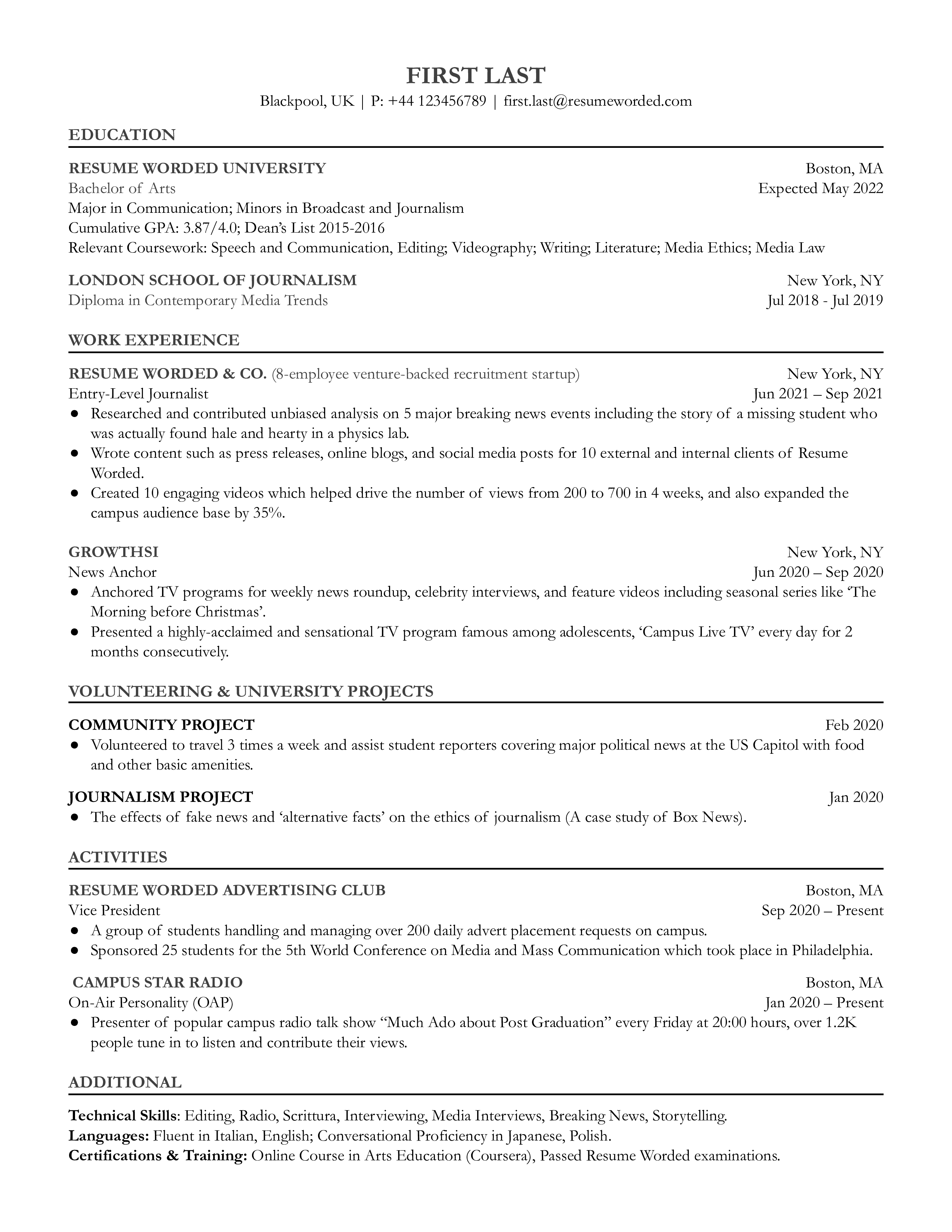 Entry level journalist resume sample that highlights the applicant's relevant college experience and training