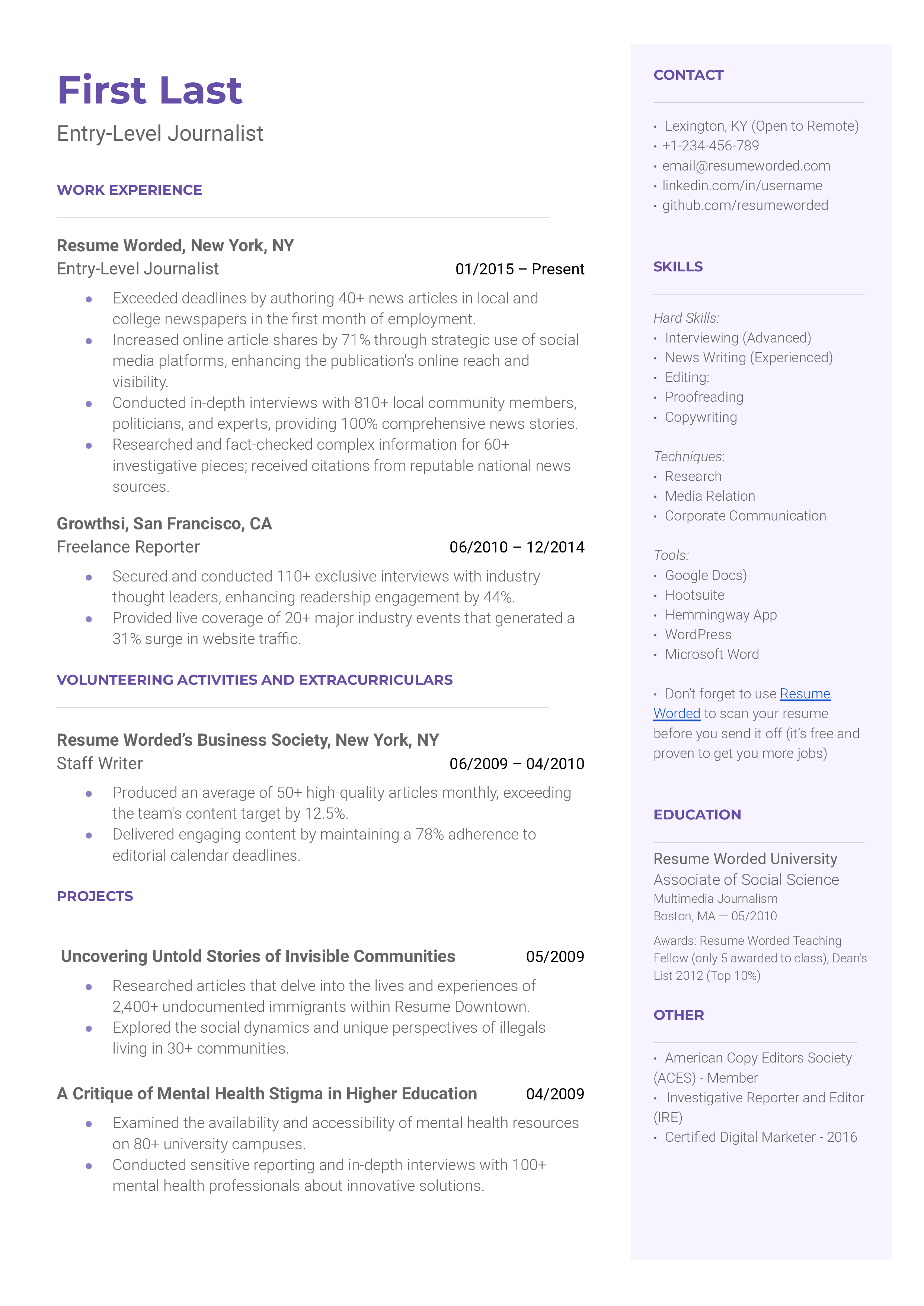 Entry-level journalist resume featuring relevant coursework and digital skills.