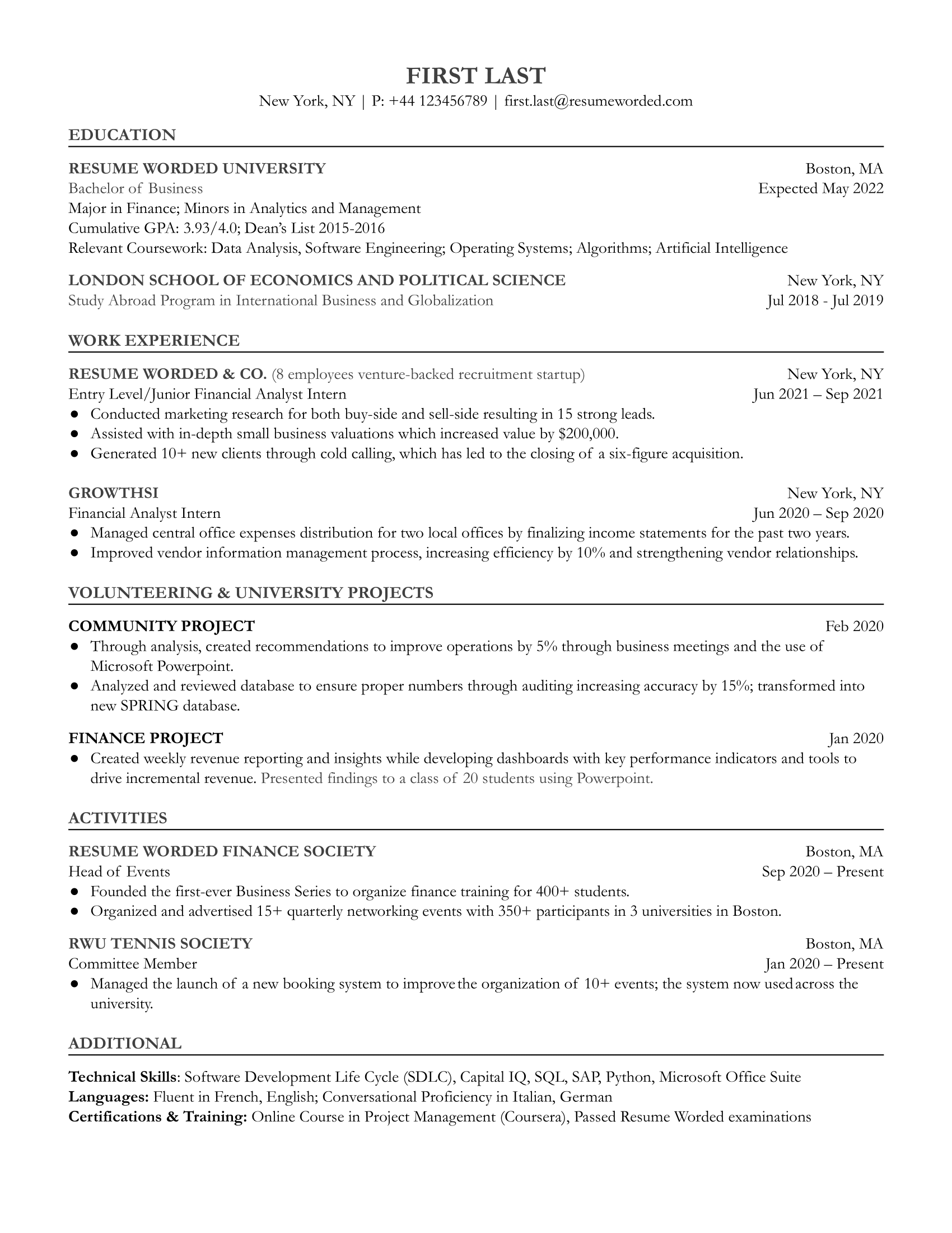 Junior financial analyst resume with educational history and internship experience