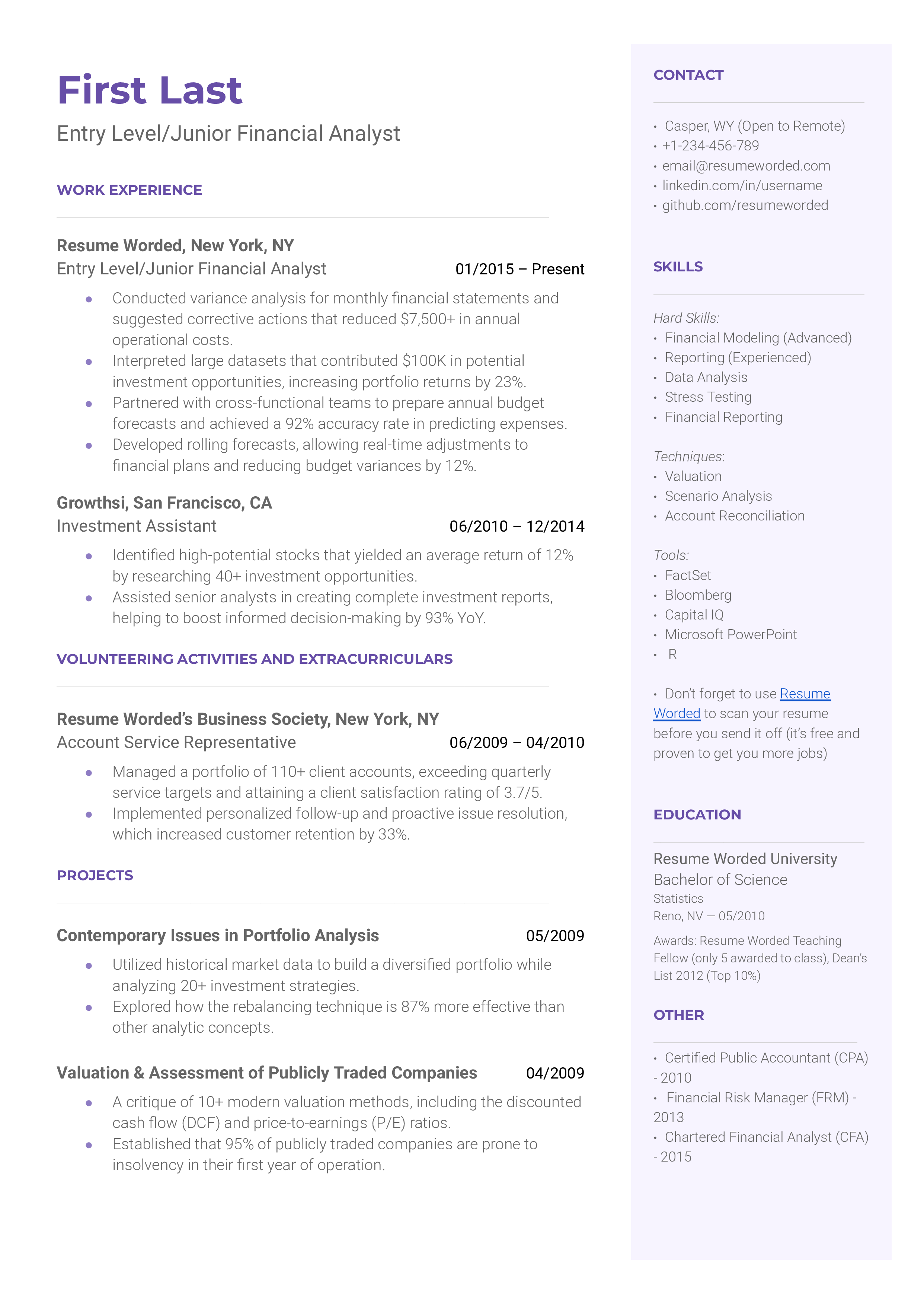 A resume screenshot highlighting skills and experience relevant for an Entry Level/Junior Financial Analyst role.