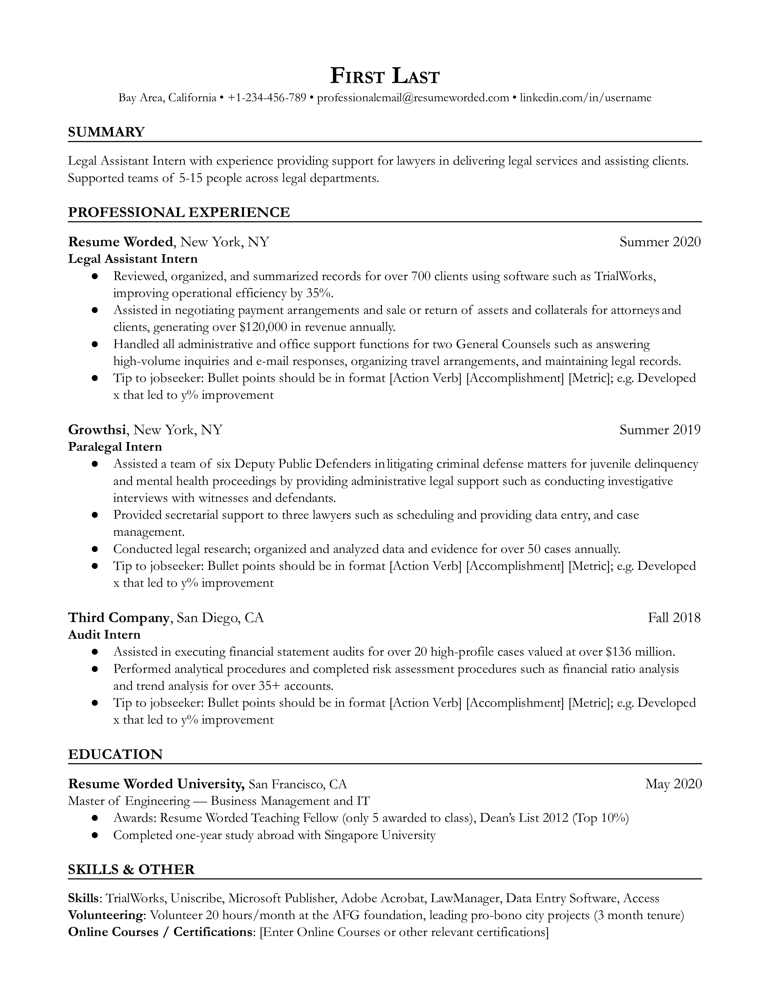 Entry level legal assistant resume template example using a resume title and summary and framing accomplishments with strong action verbs