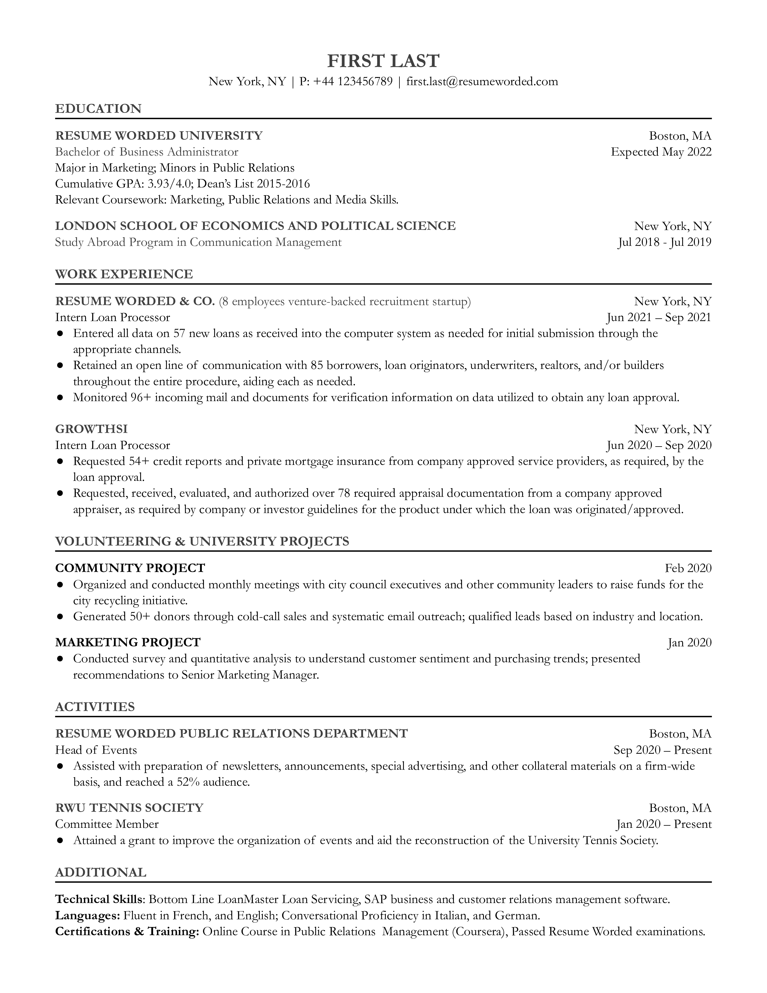 A concise CV focusing on software skills and precision for an entry-level loan processor role.