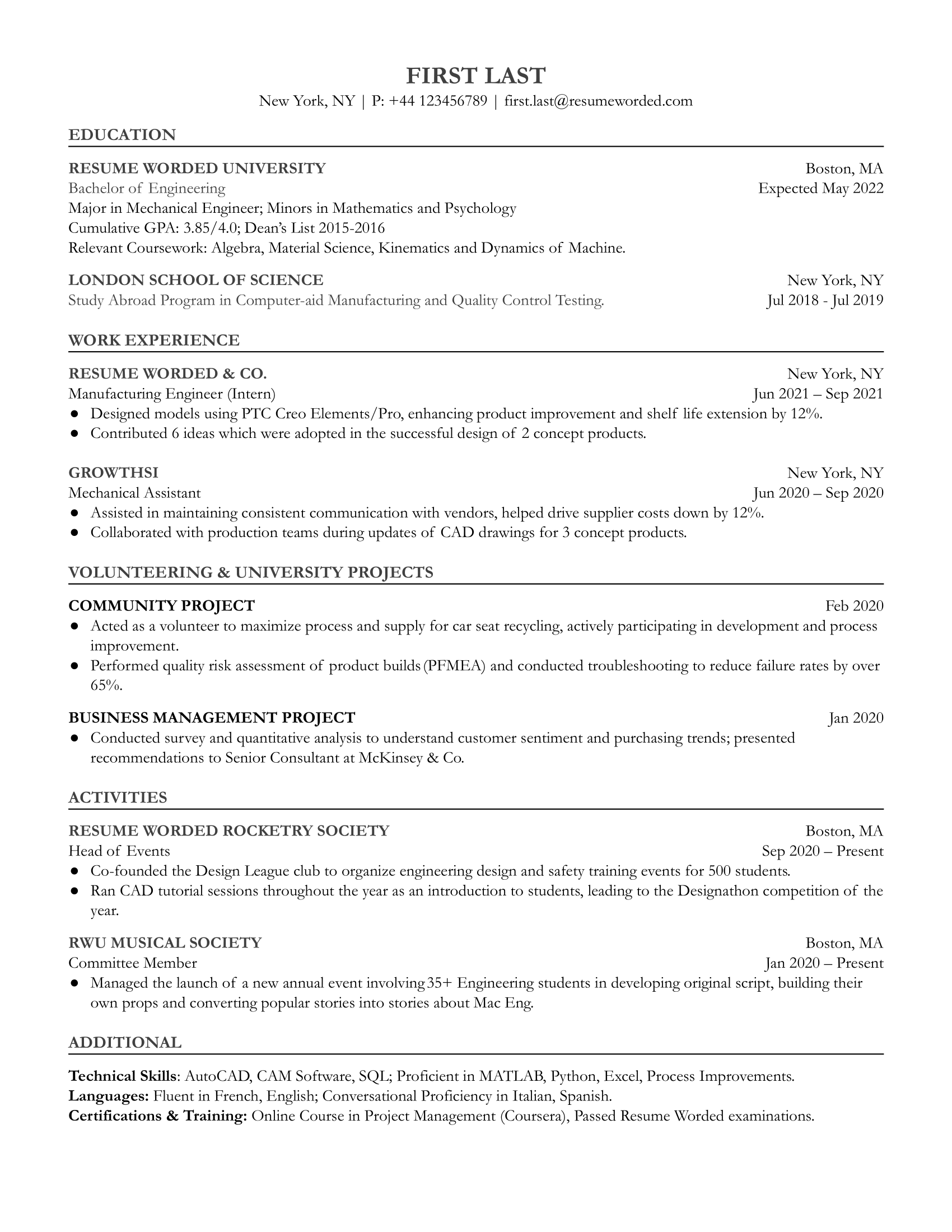 A well-structured resume for an entry-level manufacturing engineer highlighting specific skills and experience.