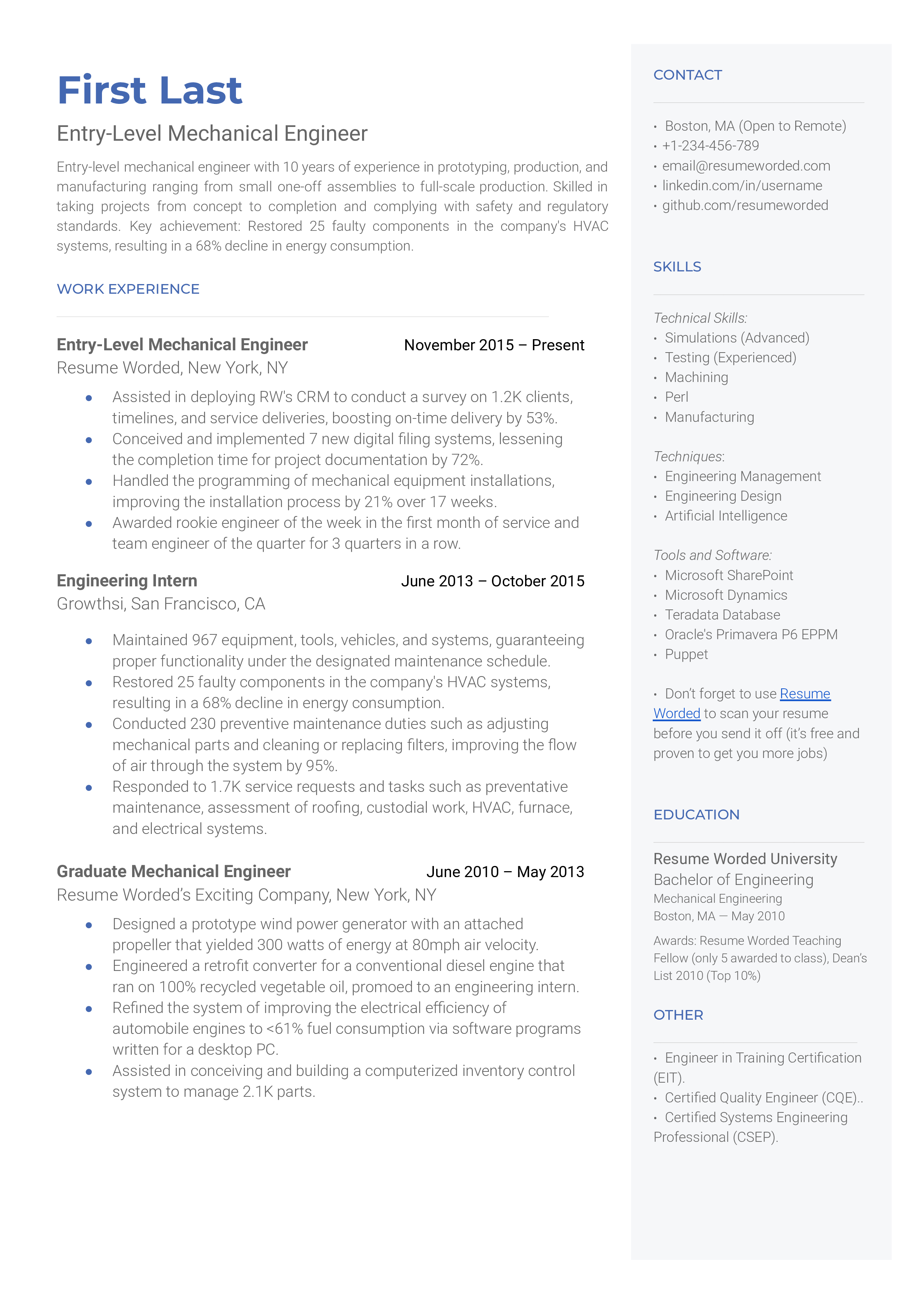 Entry level mehanical engineer resume with a degree in mechanical engineering, skills in engineering design, and internship experience.