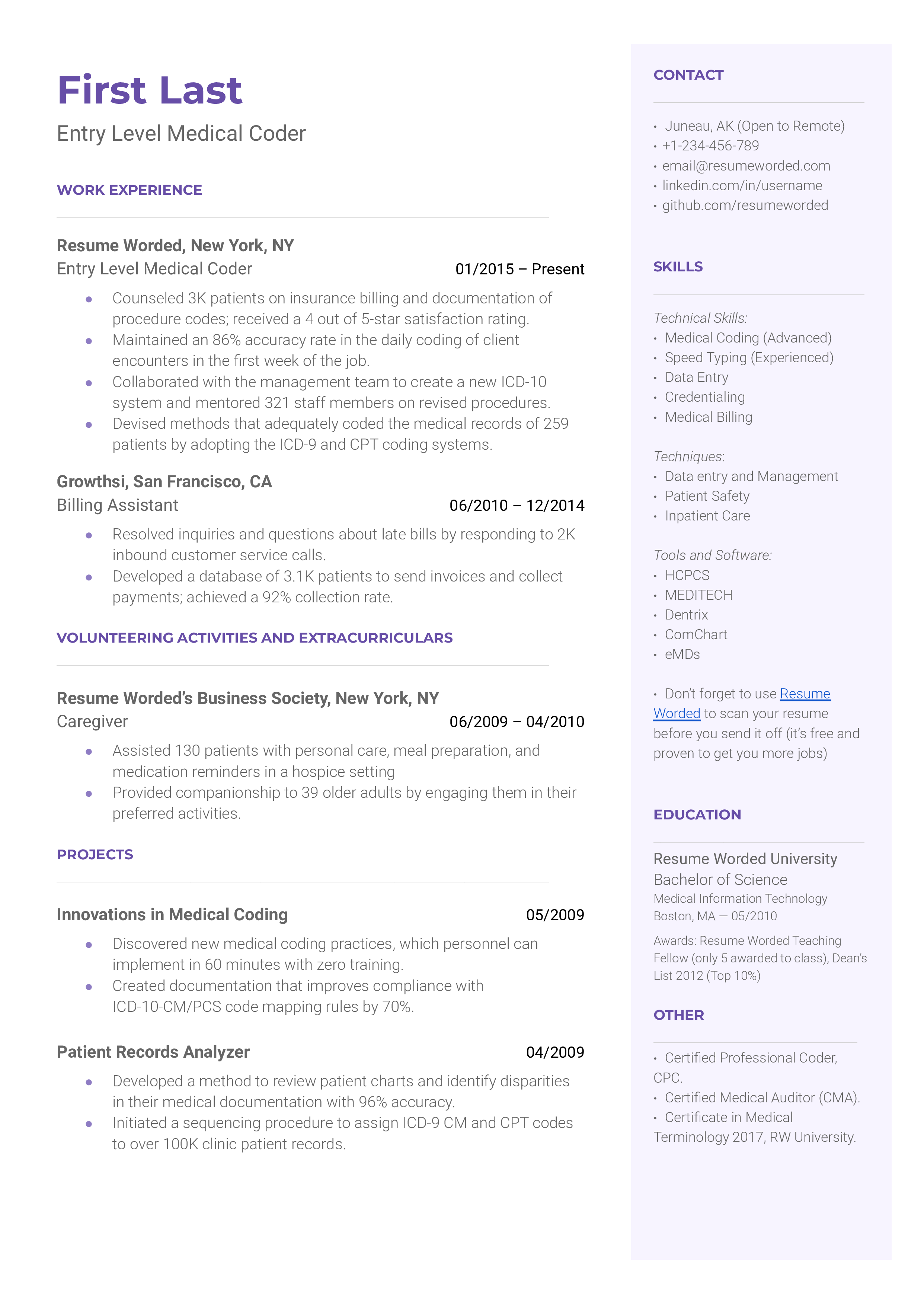 A CV screenshot for an Entry Level Medical Coder job application.