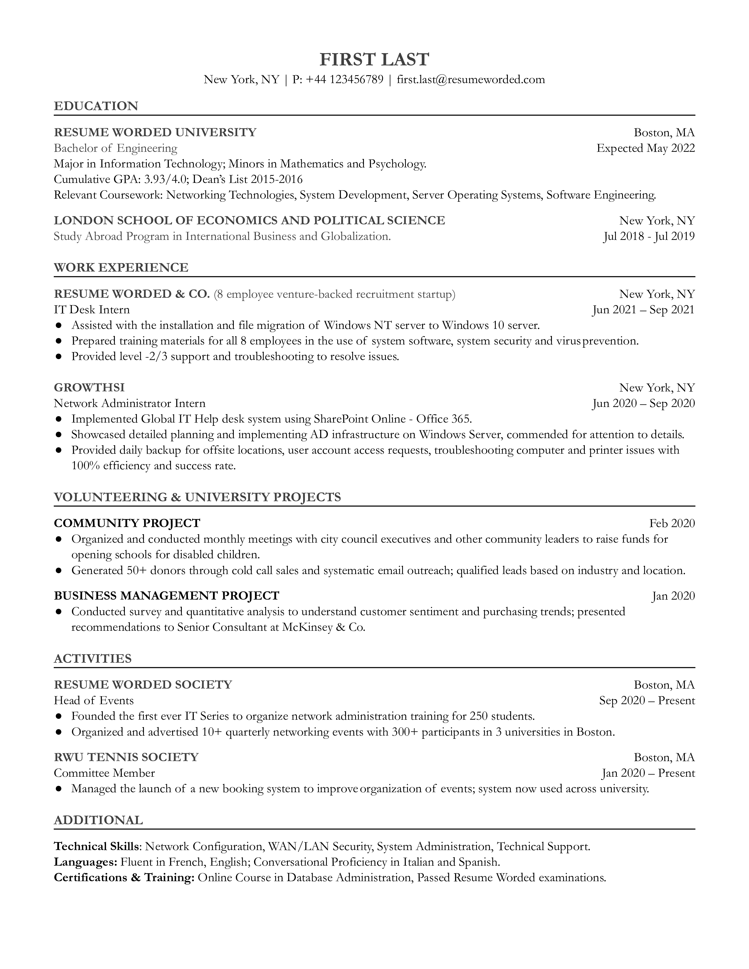 A detailed CV for an entry-level network administrator role.