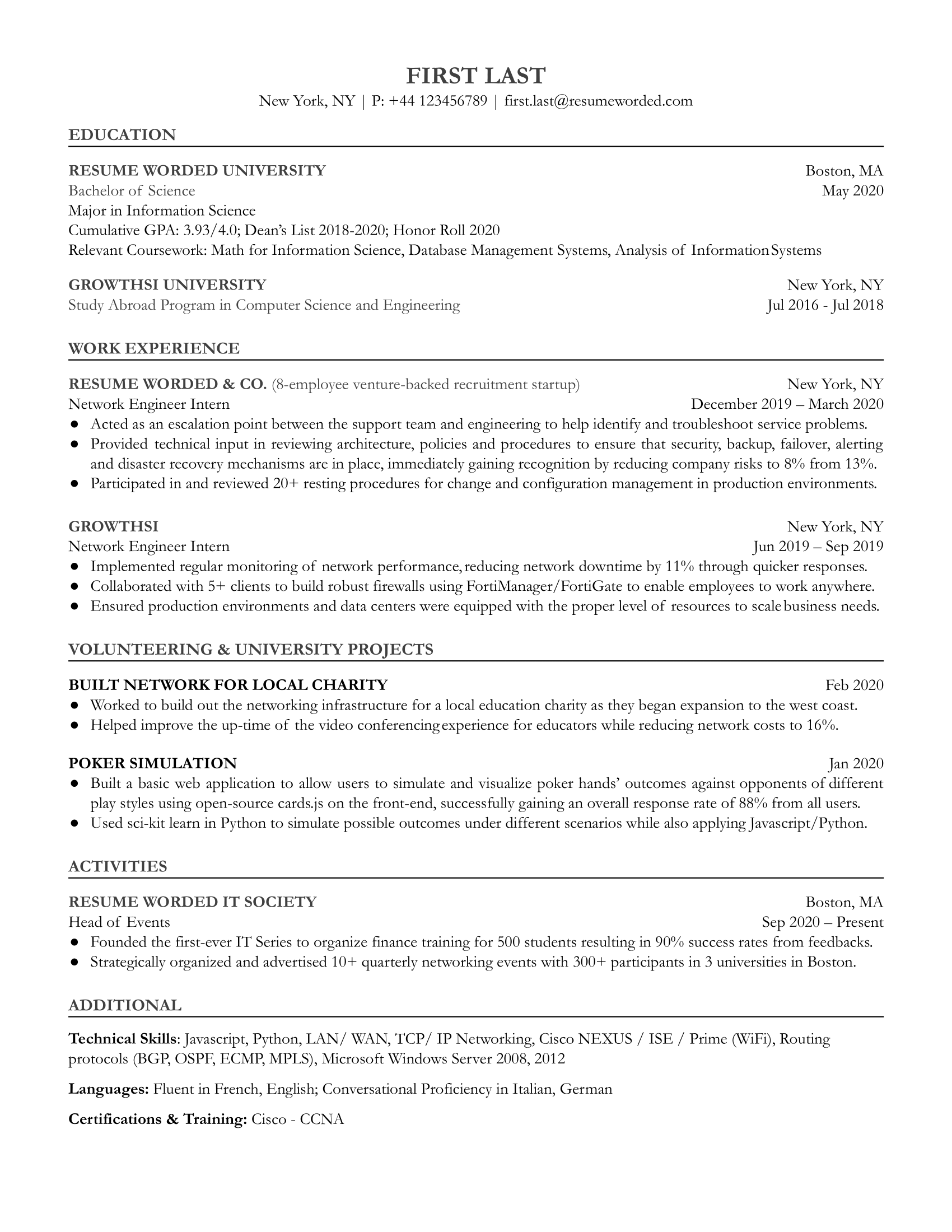 Entry-level network engineer resume with relevant education, internship experience, and skills section
