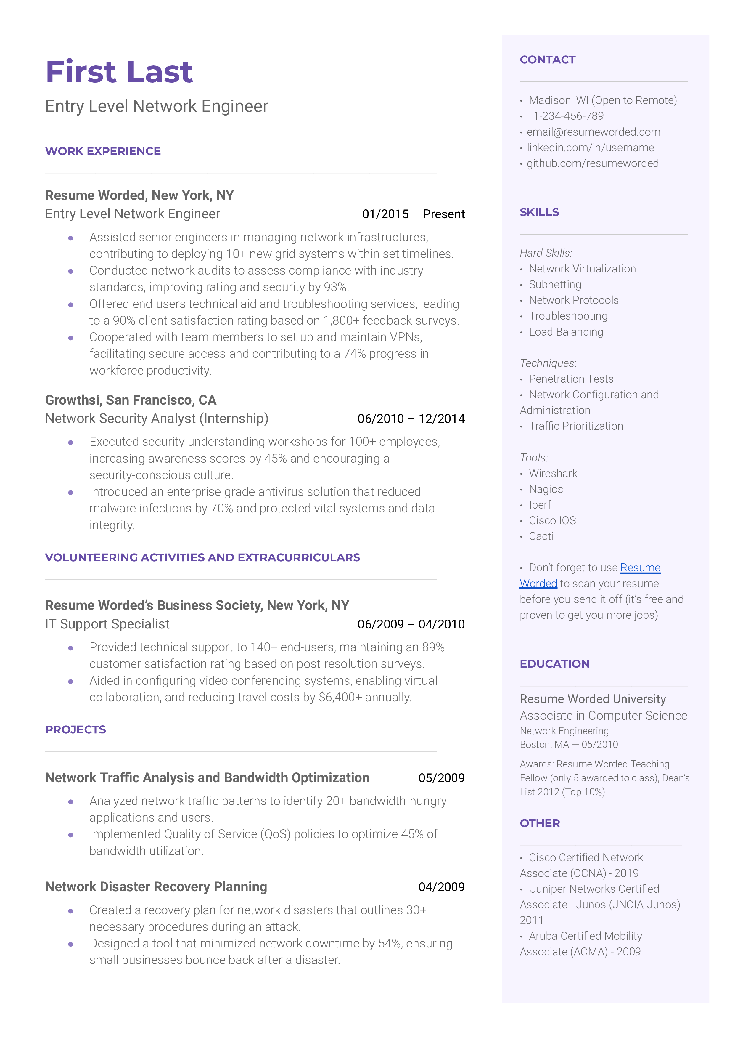 An organized, clear resume for an entry-level network engineer highlighting relevant certifications and hands-on experience.
