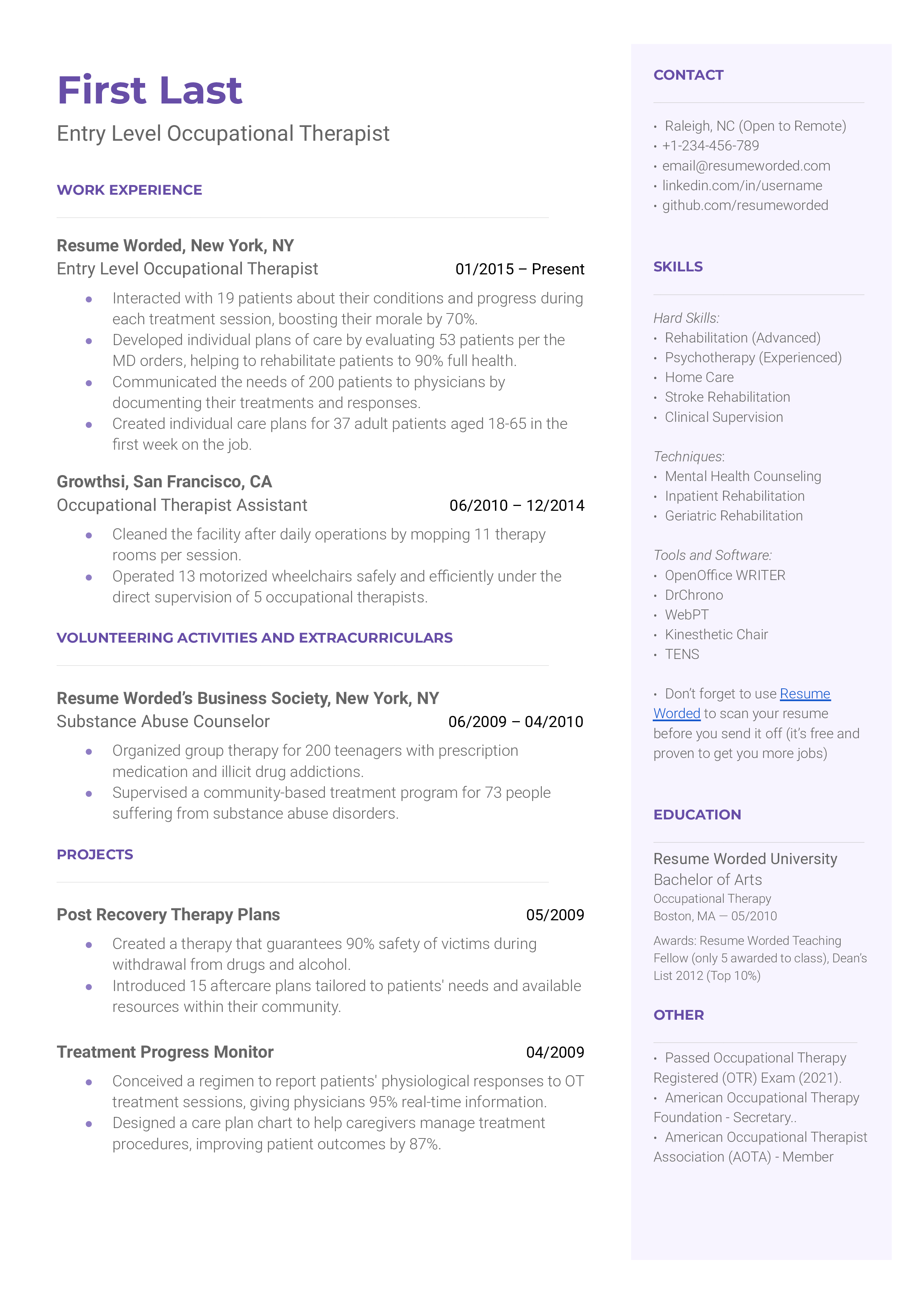 Entry-Level Occupational Therapist Resume Sample