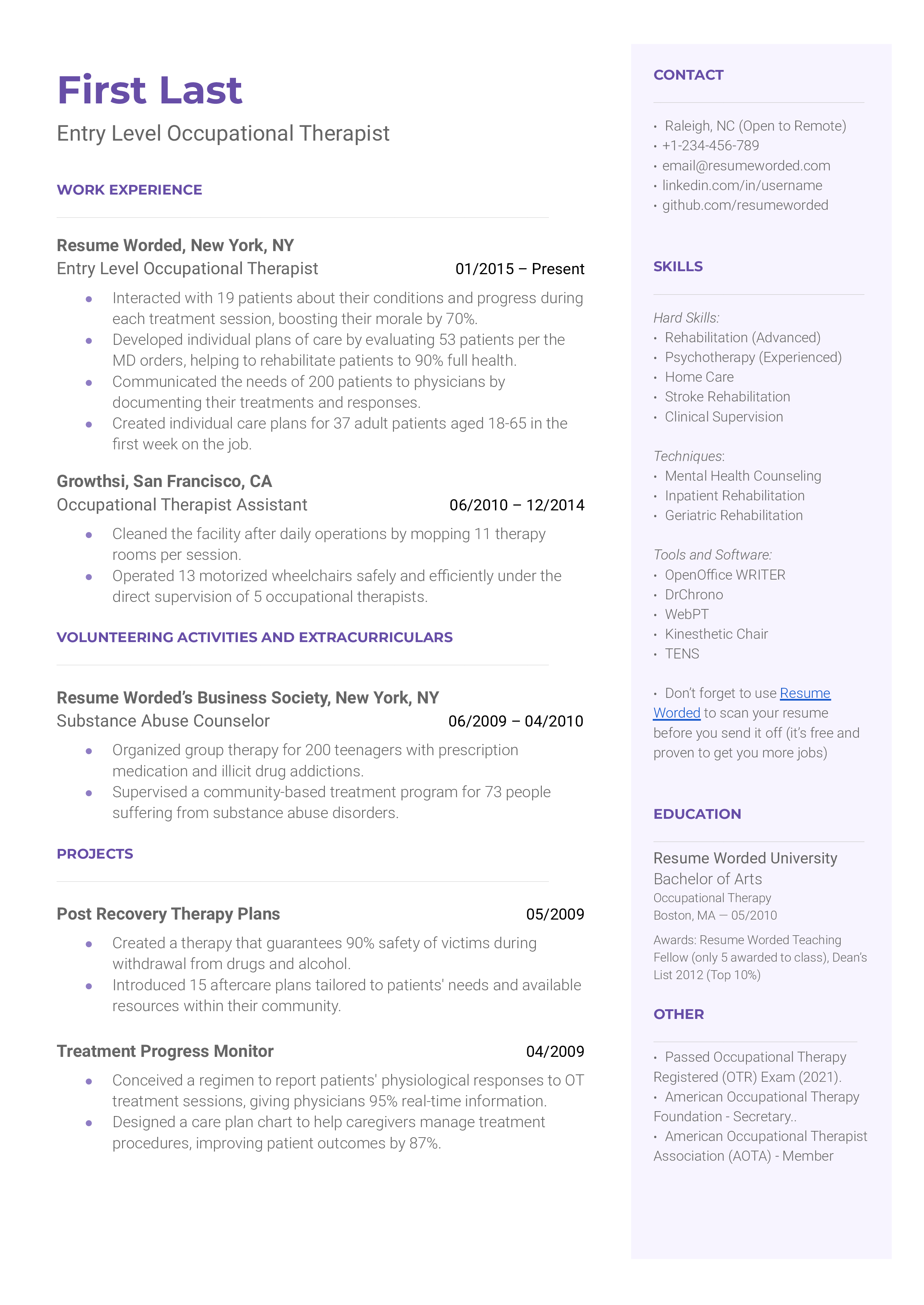 A CV screenshot for an entry-level occupational therapist position.