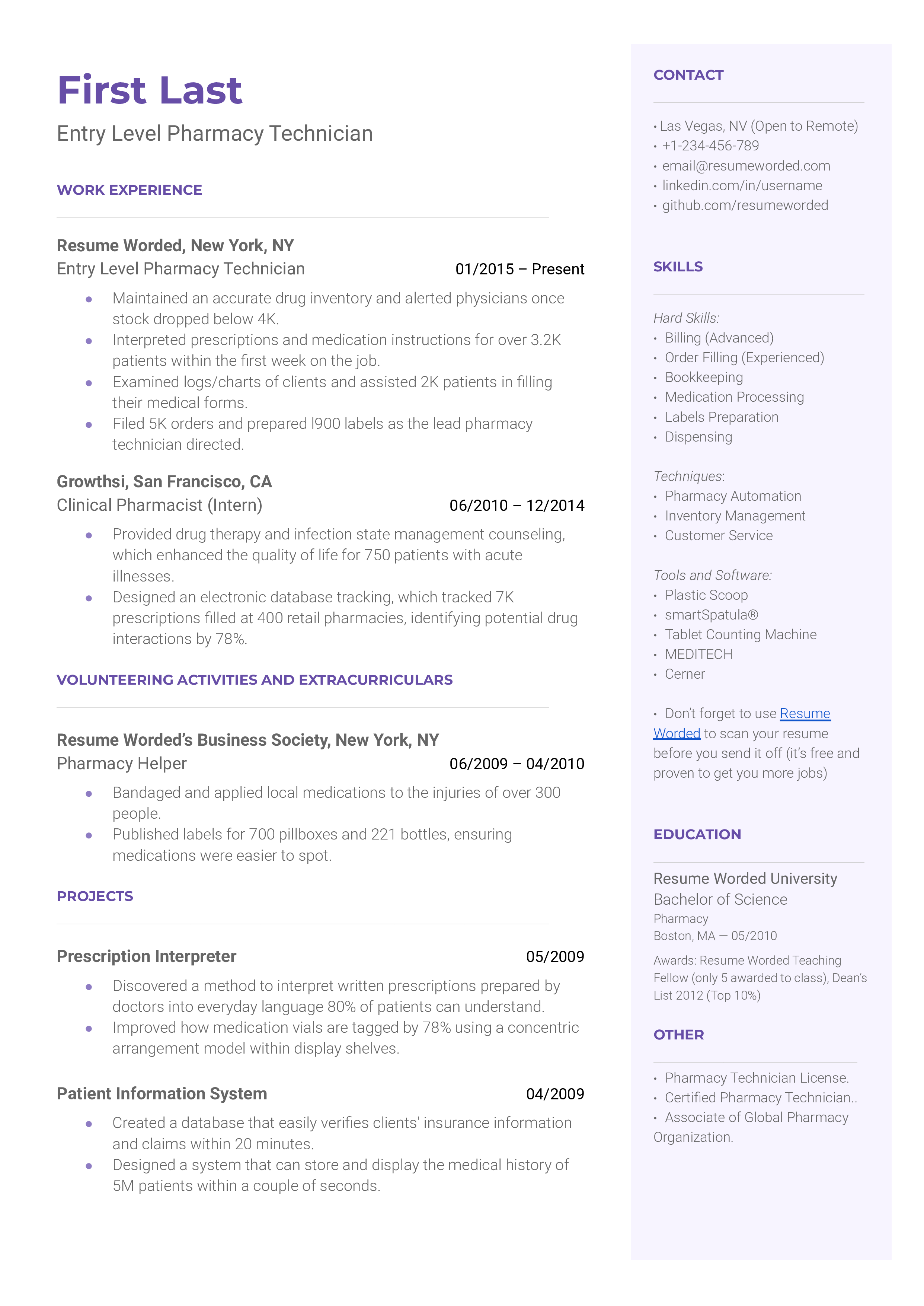 An entry-level pharmacy technician resume sample that highlights the applicant’s skill set and certifications.