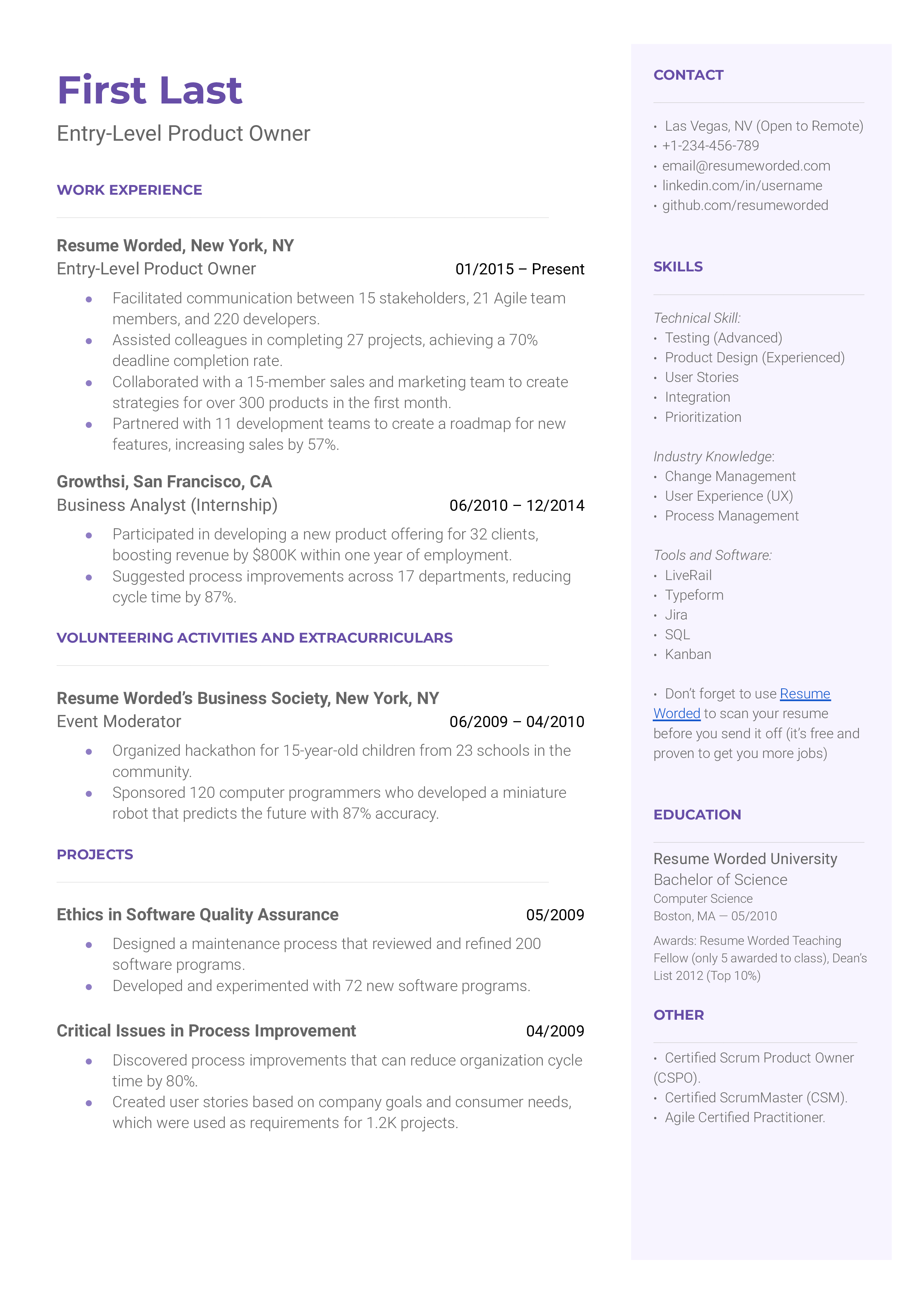 CV screenshot showing examples of agile and problem-solving skills for Entry-Level Product Owner role.