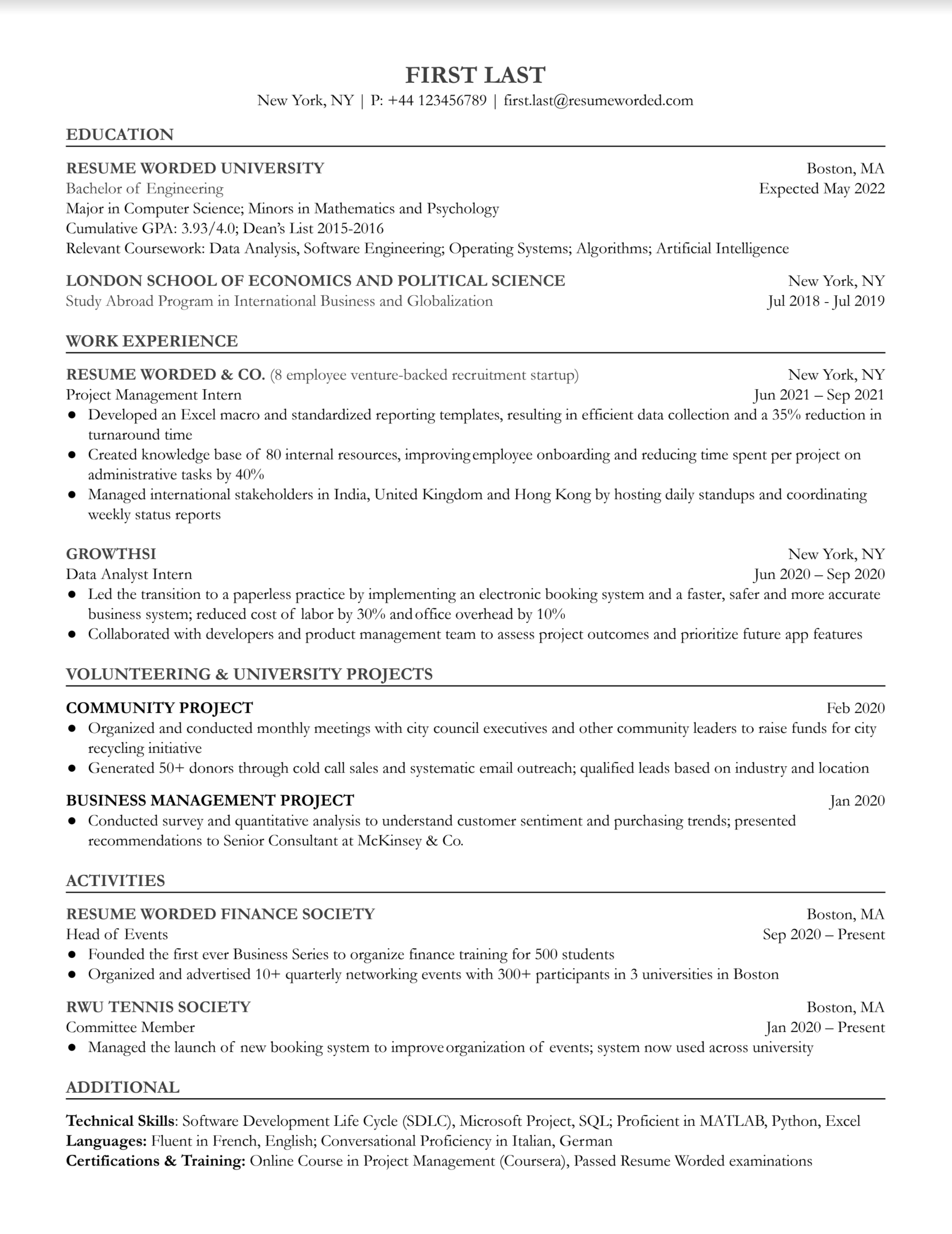 A well-structured CV of an entry-level program manager showcasing tech-savviness and leadership skills.