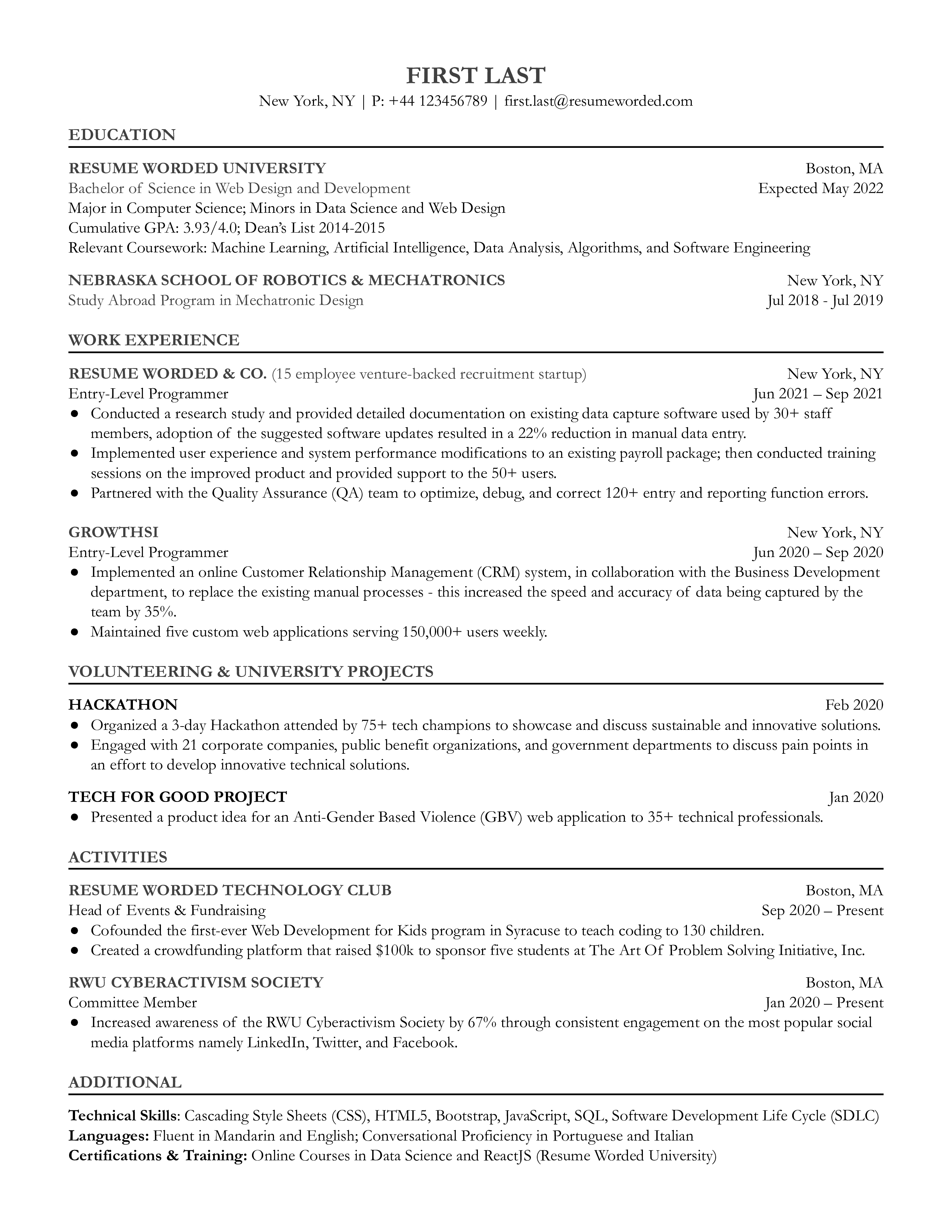 An entry-level programmer's CV showcasing relevant projects and soft skills.