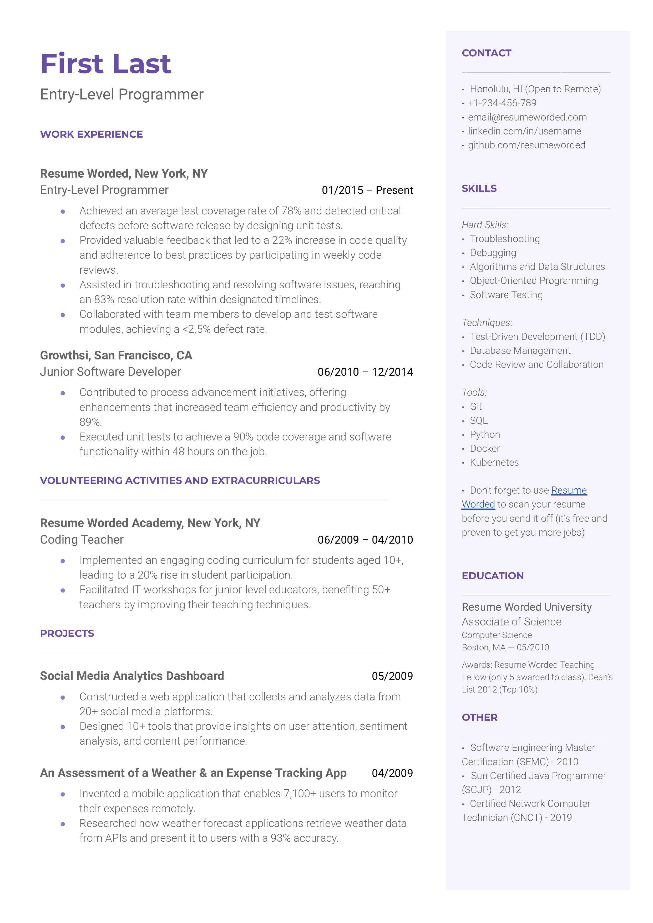 Entry-level programmer's resume featuring relevant projects and certifications.