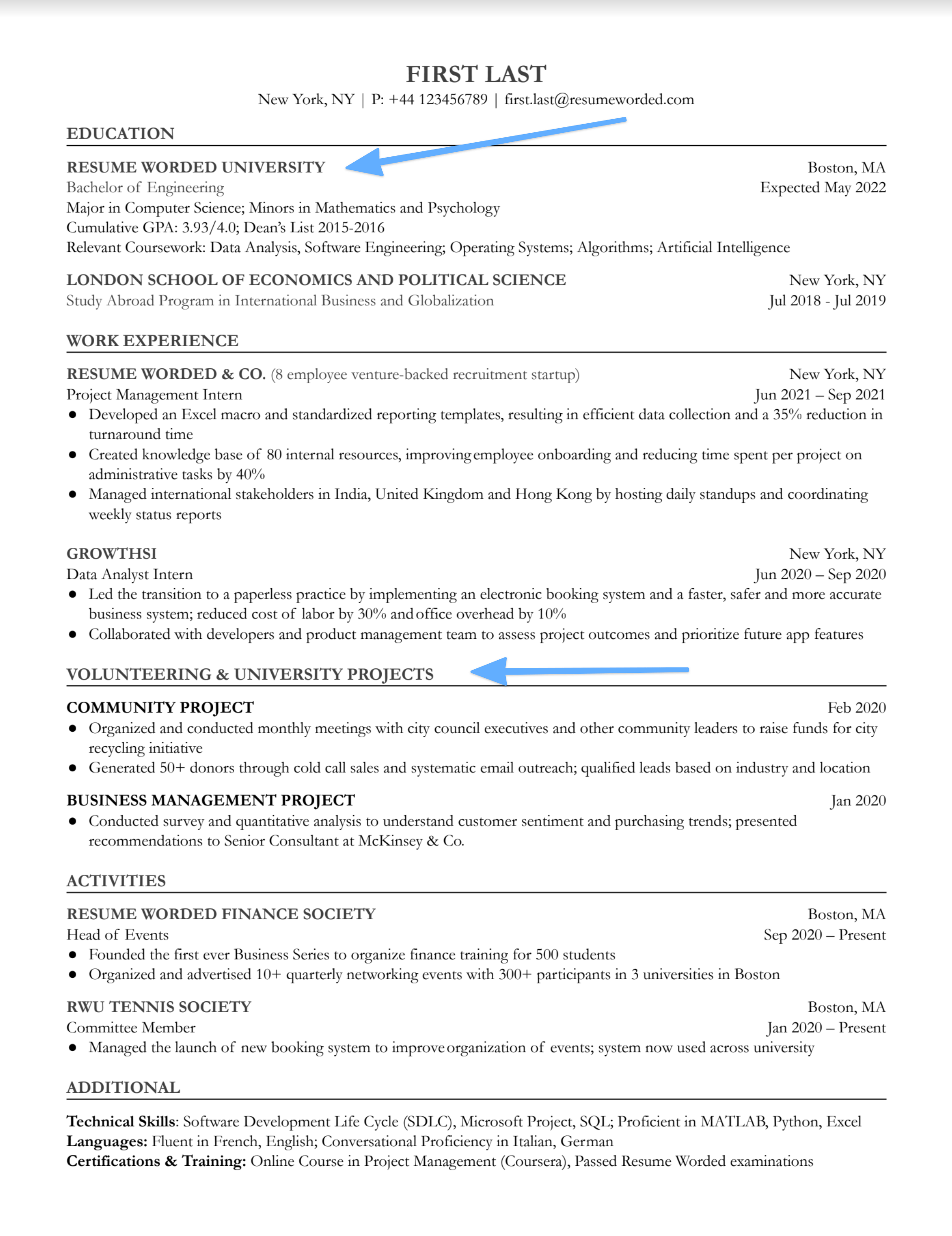 Resume screenshot highlighting project management skills and relevant certifications for an entry-level role.